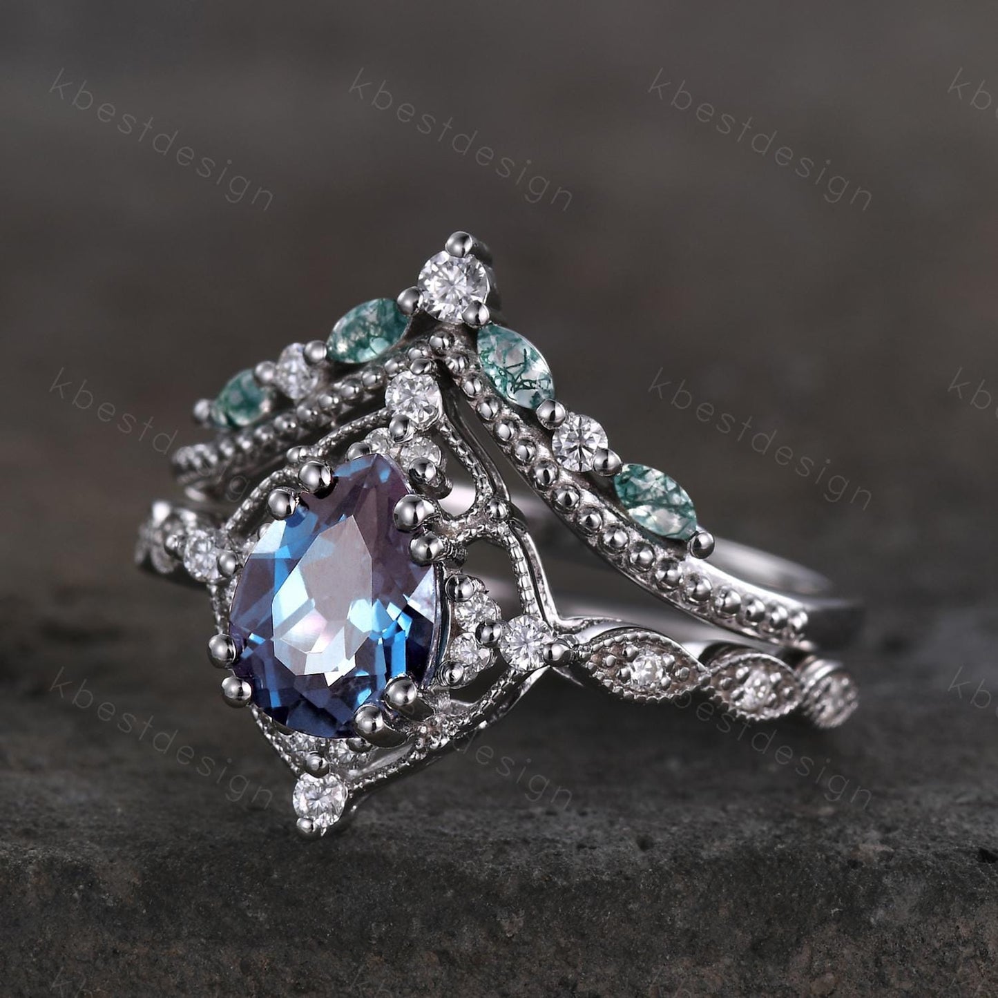 Vintage Alexandrite engagement ring set art deco pear shaped alexandrite ring curved moss agate stacking ring unique bridal promise ring set