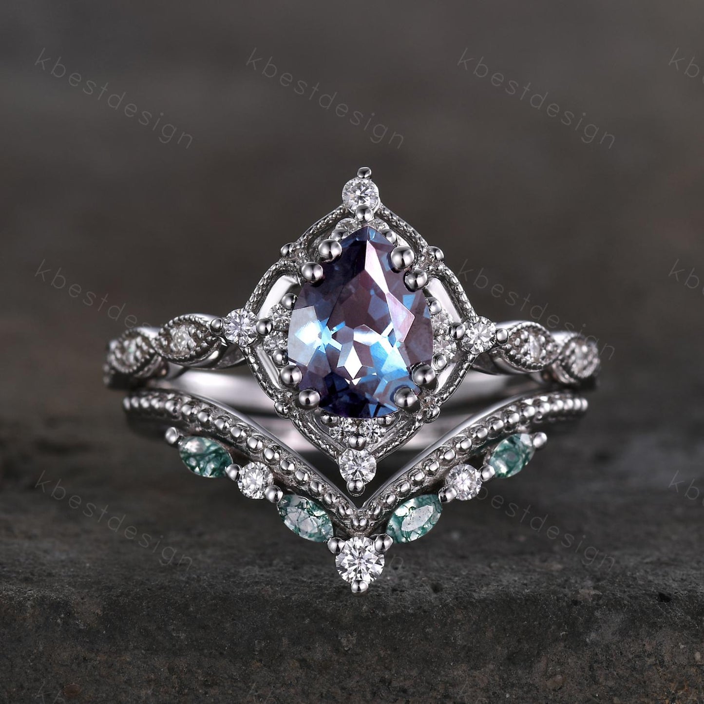 Vintage Alexandrite engagement ring set art deco pear shaped alexandrite ring curved moss agate stacking ring unique bridal promise ring set