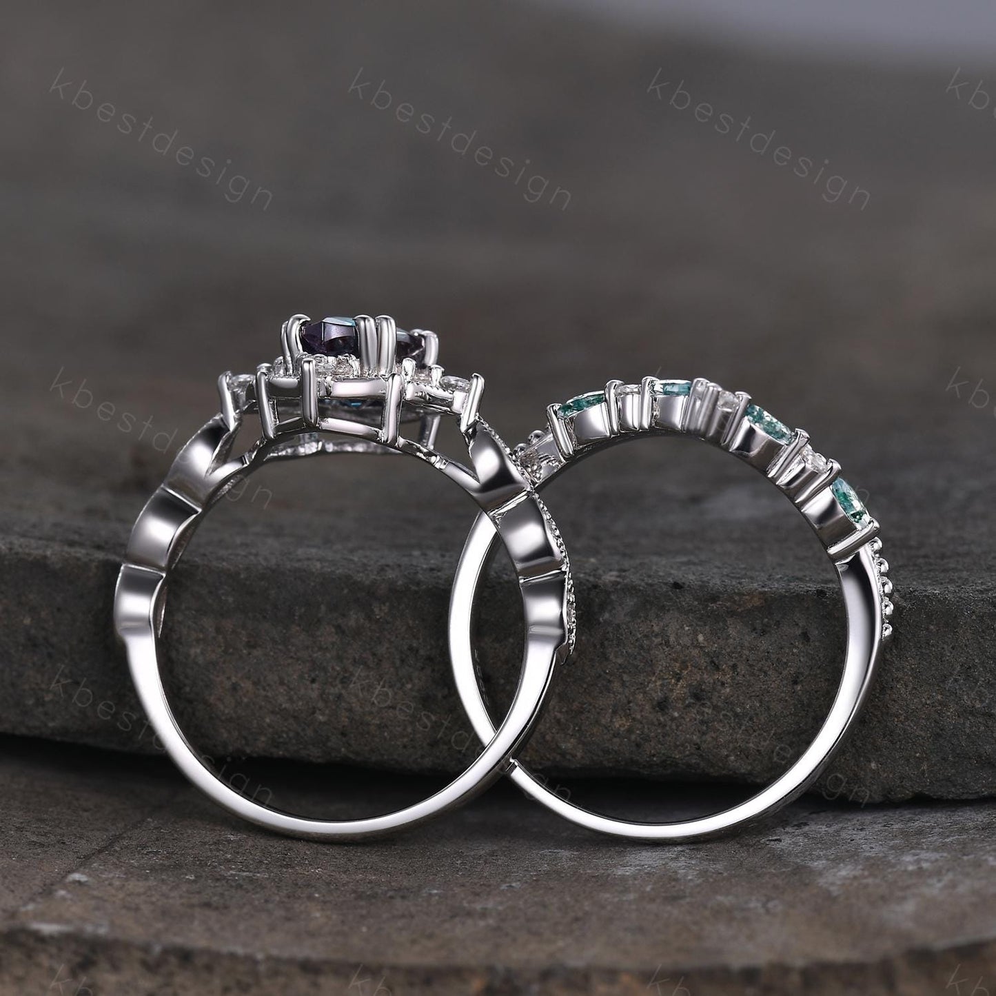 Vintage Alexandrite engagement ring set art deco pear shaped alexandrite ring curved moss agate stacking ring unique bridal promise ring set