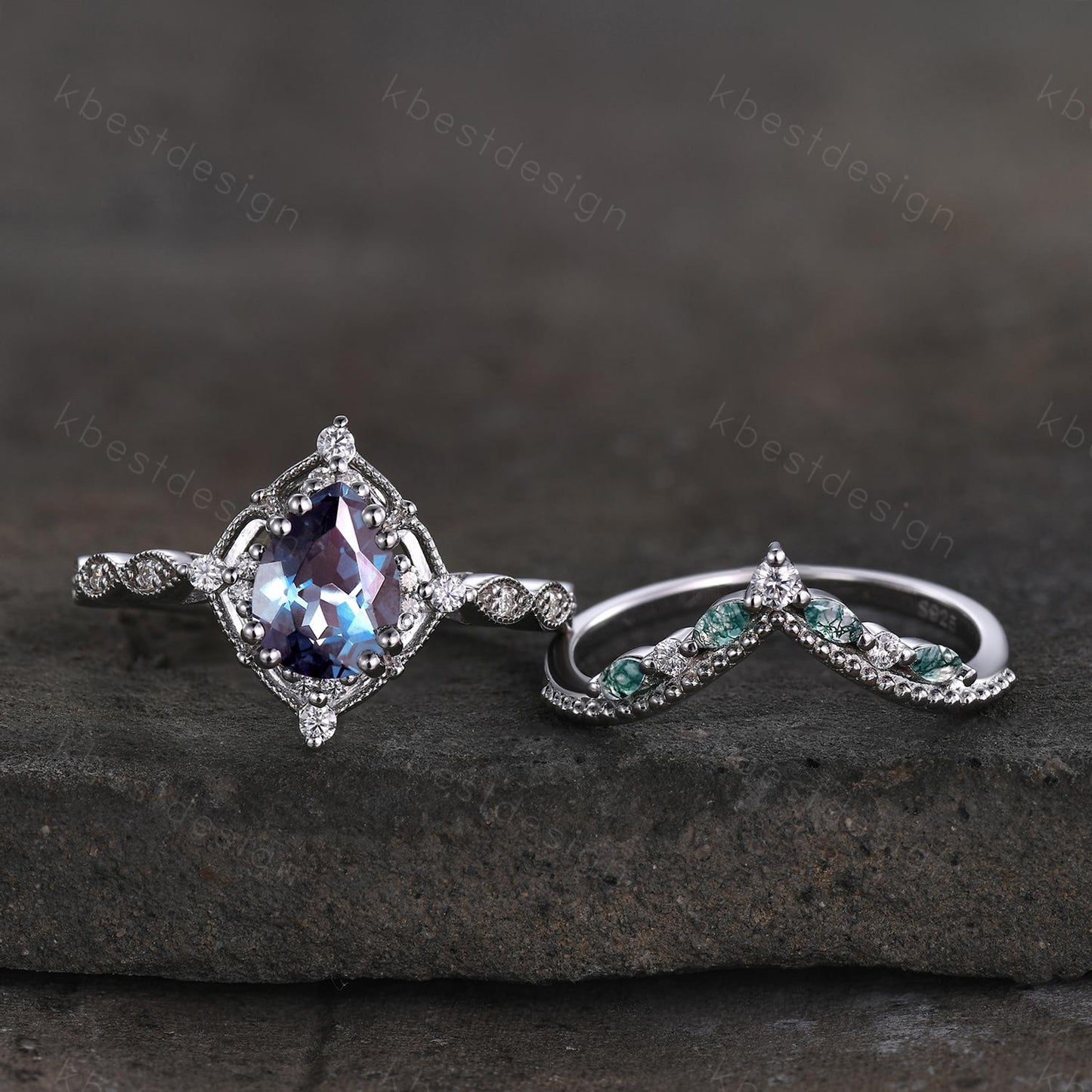 Vintage Alexandrite engagement ring set art deco pear shaped alexandrite ring curved moss agate stacking ring unique bridal promise ring set