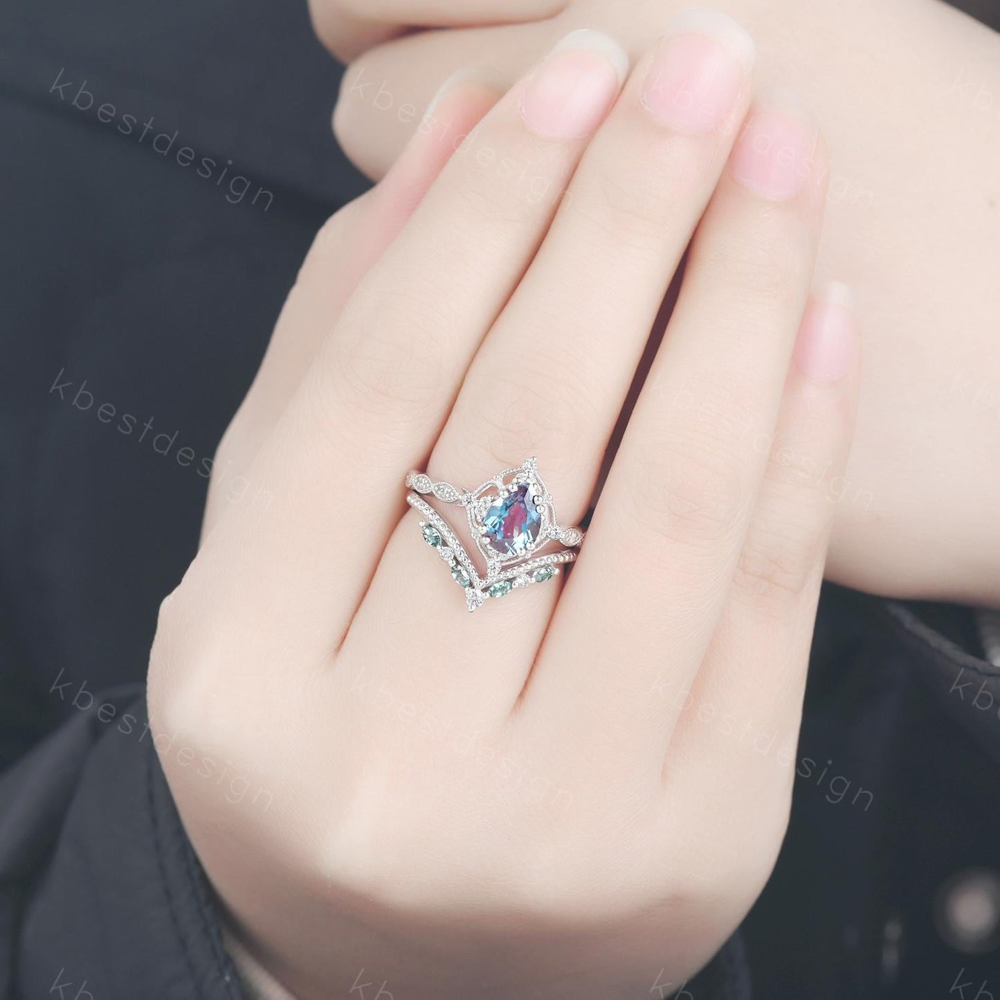 Vintage Alexandrite engagement ring set art deco pear shaped alexandrite ring curved moss agate stacking ring unique bridal promise ring set