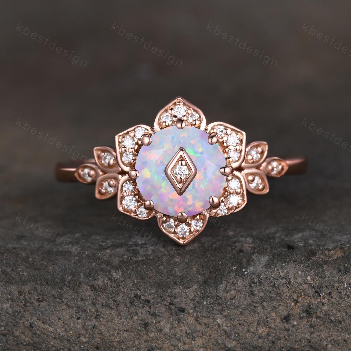 Vintage round White Opal engagement ring antique moissanite halo ring rose gold floral petal ring Nature inspired ring Promise ring