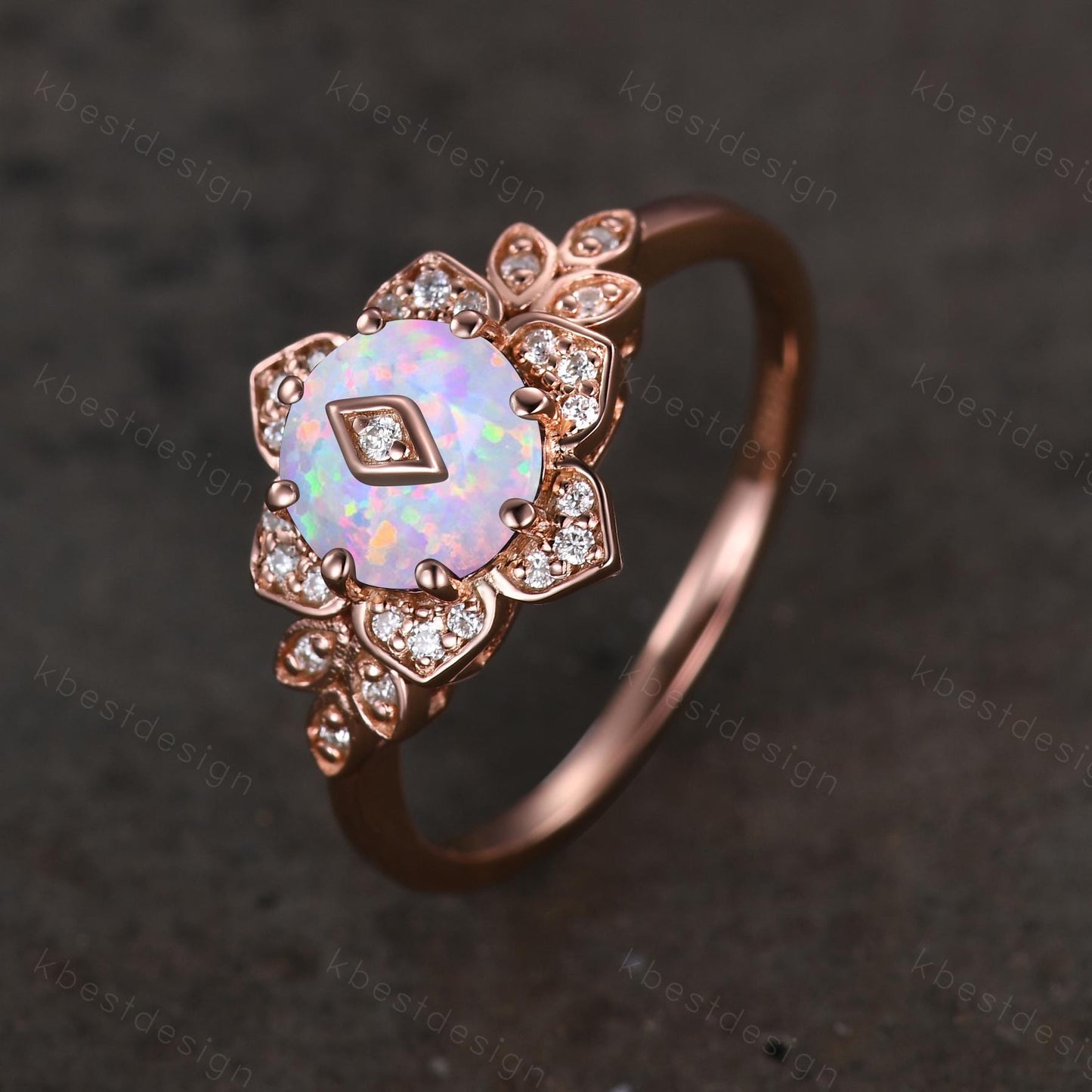 Vintage round White Opal engagement ring antique moissanite halo ring rose gold floral petal ring Nature inspired ring Promise ring