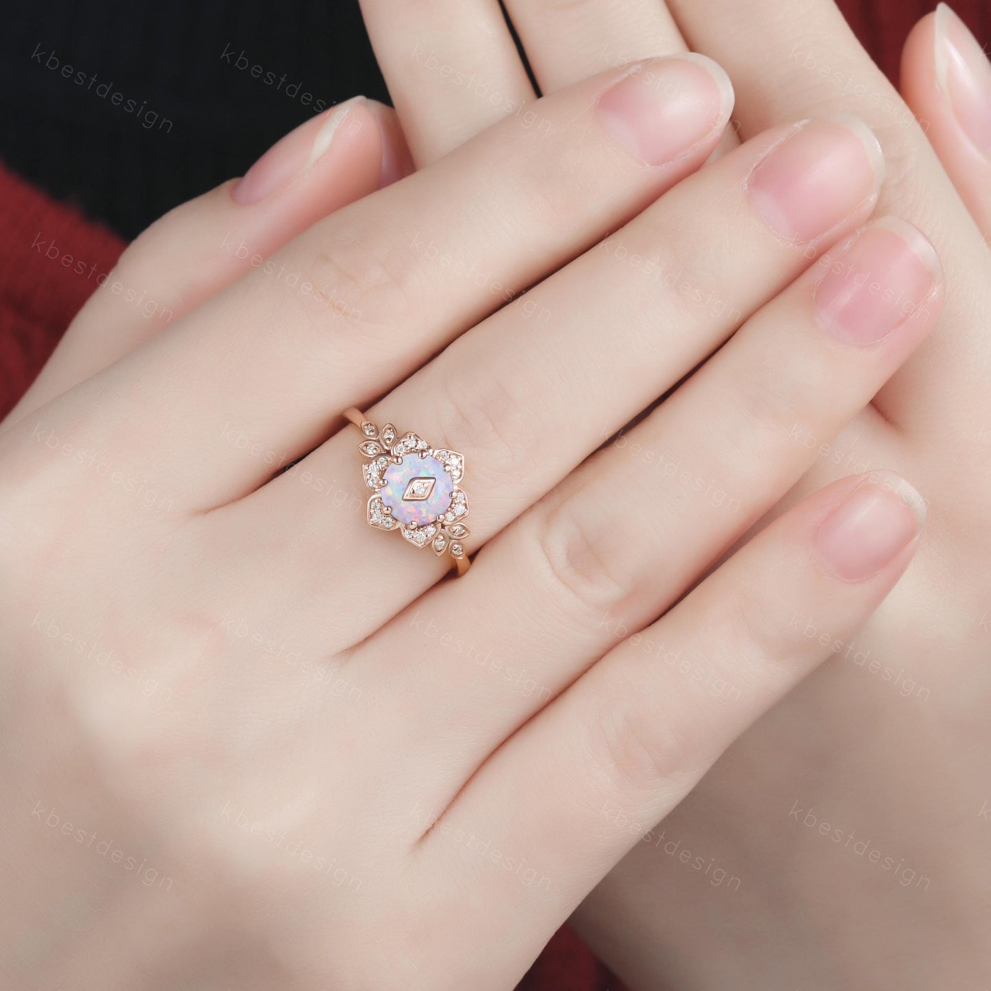 Vintage round White Opal engagement ring antique moissanite halo ring rose gold floral petal ring Nature inspired ring Promise ring