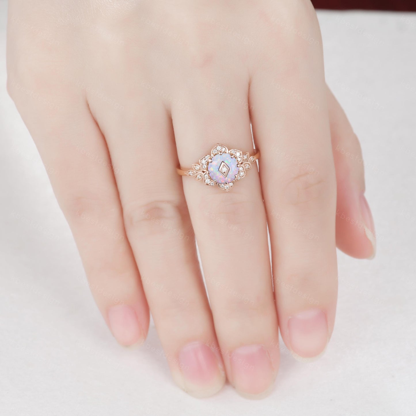 Vintage round White Opal engagement ring antique moissanite halo ring rose gold floral petal ring Nature inspired ring Promise ring