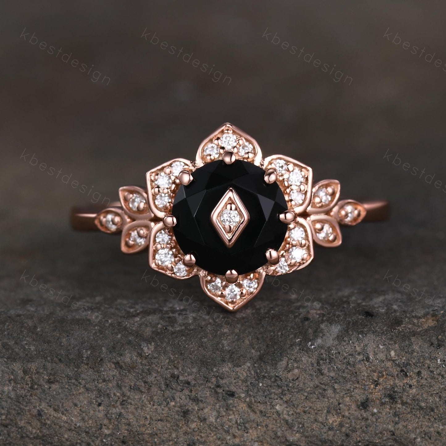 Vintage round Blue Sandstone engagement ring antique moissanite halo ring rose gold floral petal ring Nature inspired ring Promise ring