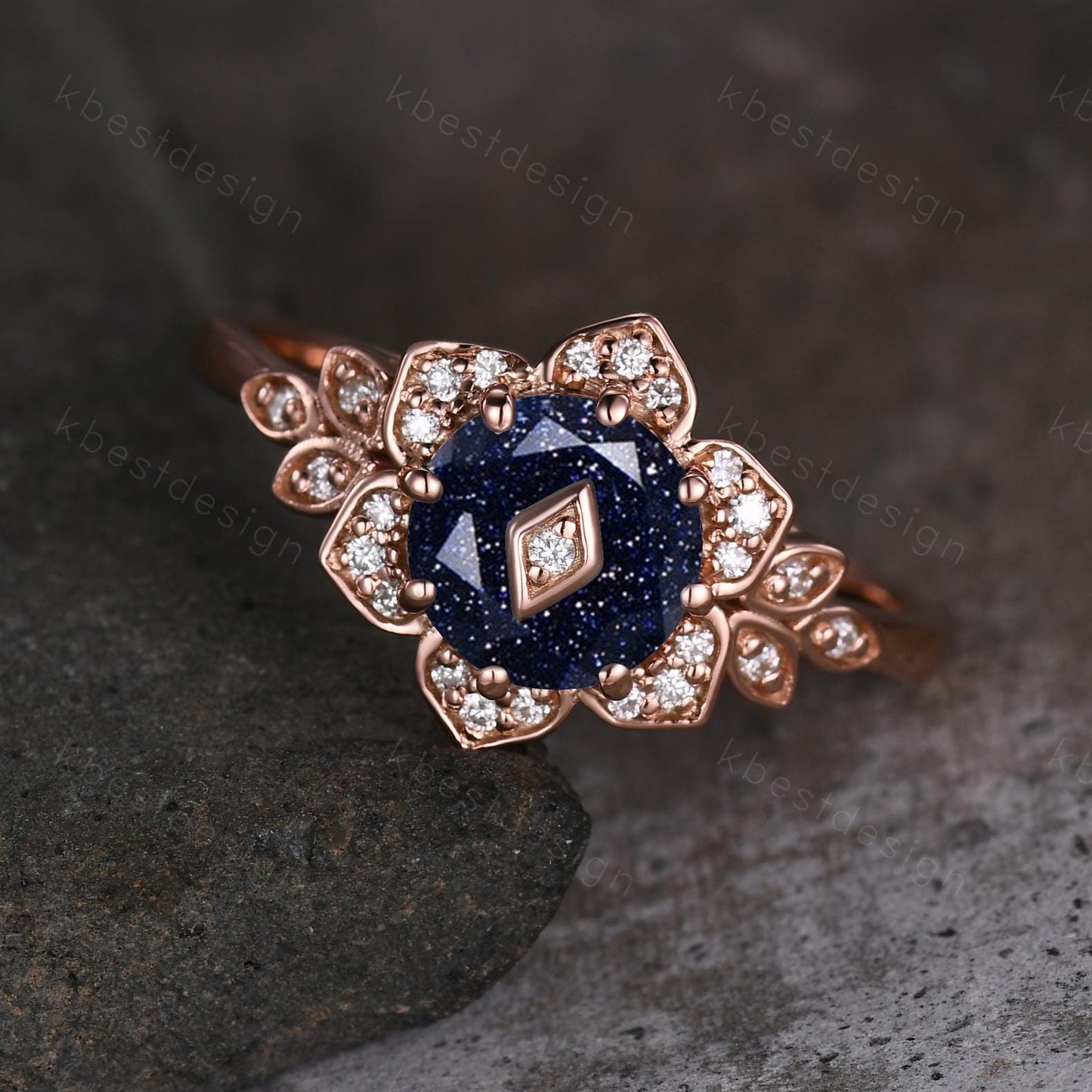 Vintage round Blue Sandstone engagement ring antique moissanite halo ring rose gold floral petal ring Nature inspired ring Promise ring