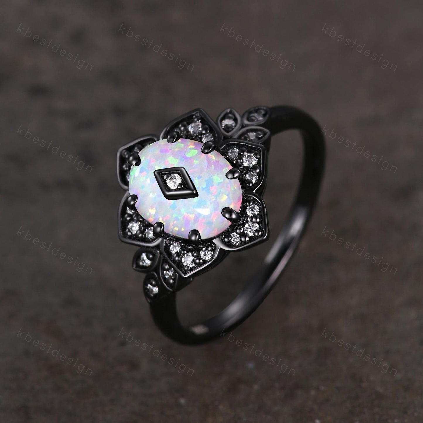 Antique white opal engagement ring Black gold ring Art deco floral design moissanite wedding ring unique petal ring bridal promise ring