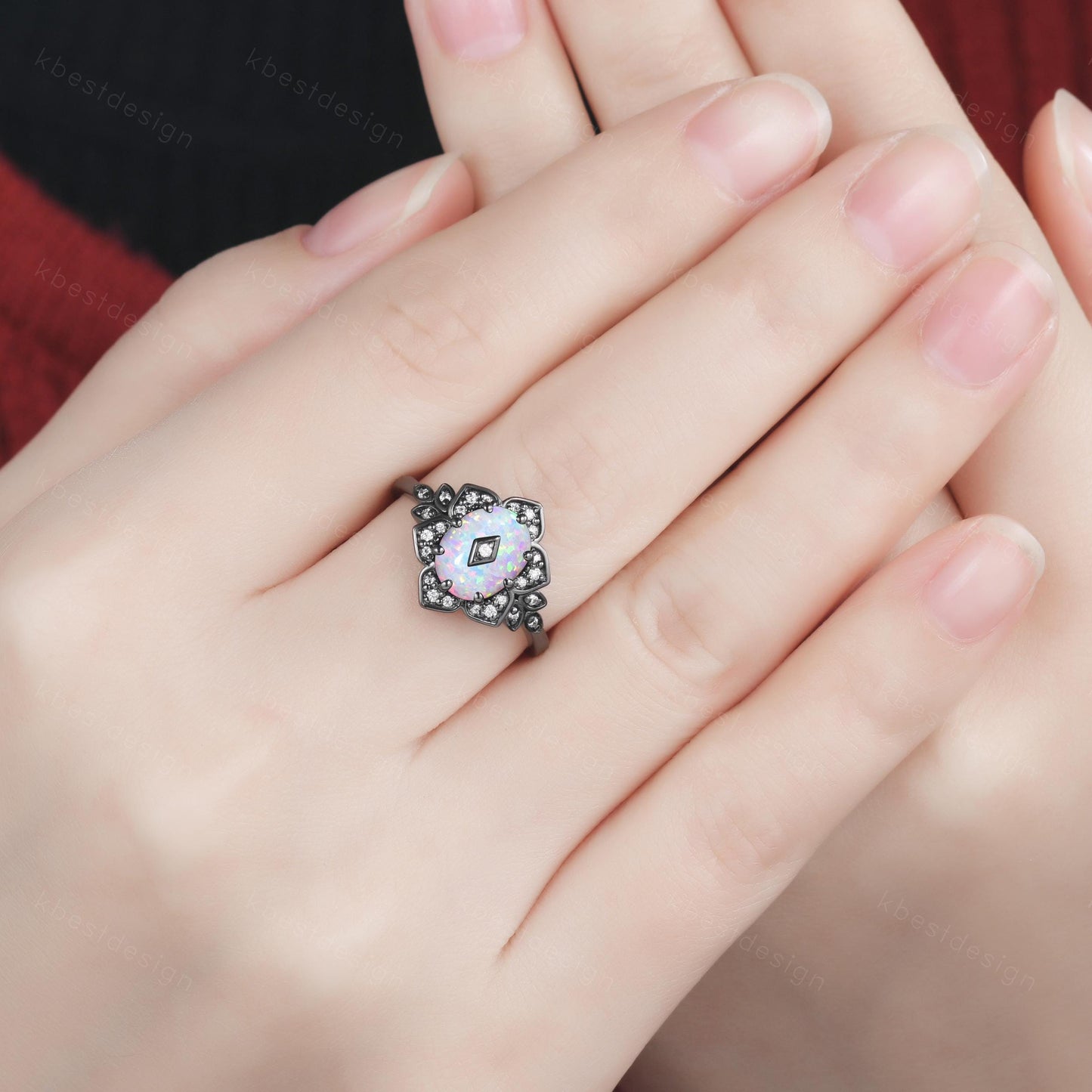 Antique white opal engagement ring Black gold ring Art deco floral design moissanite wedding ring unique petal ring bridal promise ring
