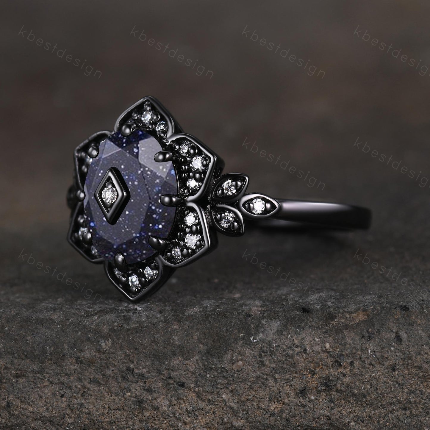 Antique blue sandstone engagement ring Black gold ring Art deco floral design moissanite wedding ring unique petal ring bridal promise ring