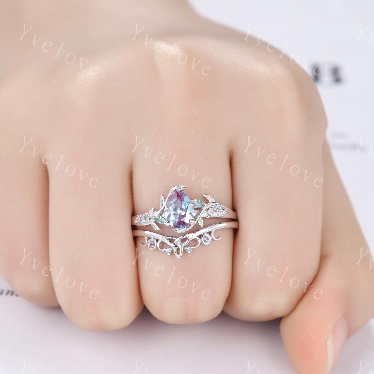Teardrop Alexandrite Moss Agate Bridal Set,Vintage Vine Leaf Ring,Alexandrite Engagement Ring,Celtic Unique Handmade Promise Gifts for Women