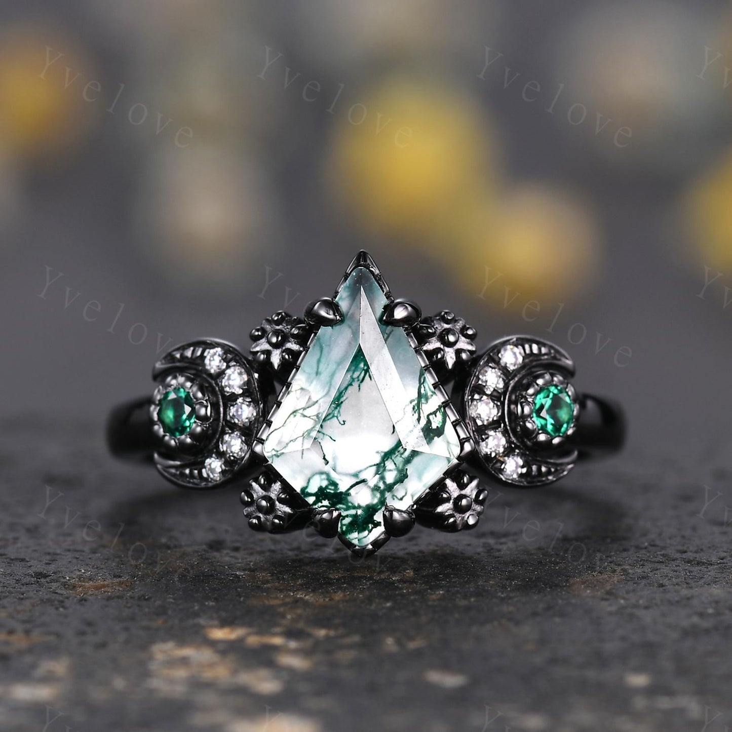 Unique Kite Cut Moss Agate Couple Ring Set Gothic Black Gold Couple Wedding Band Mens Moss Agate Tungsten Ring Couples Promise Ring Set