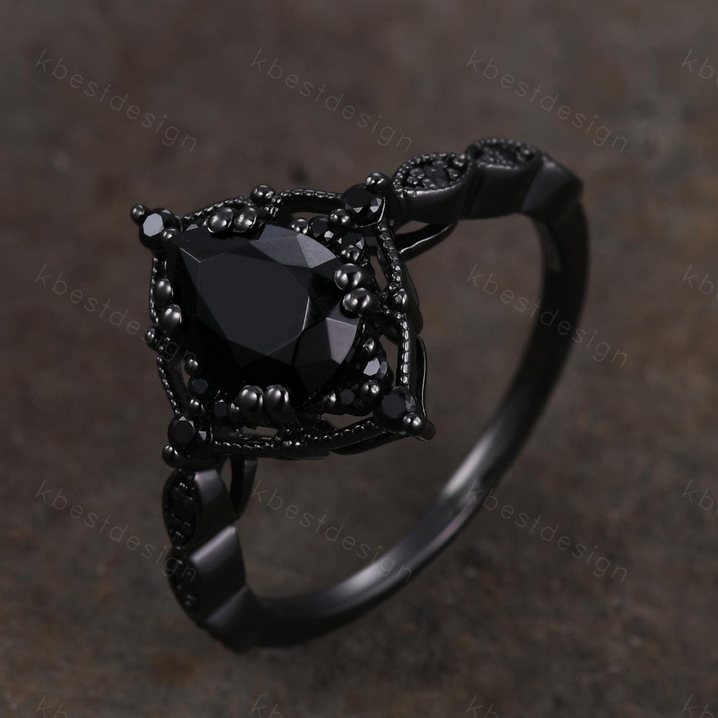 Vintage black onyx engagement ring art deco black gold ring pear shaped black gemstone ring unique black spinel ring Promise ring