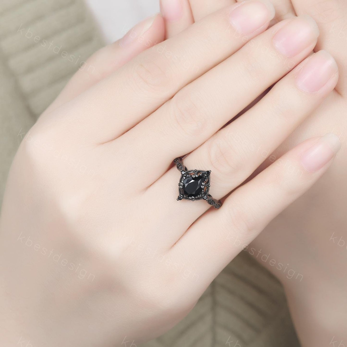 Vintage black onyx engagement ring art deco black gold ring pear shaped black gemstone ring unique black spinel ring Promise ring
