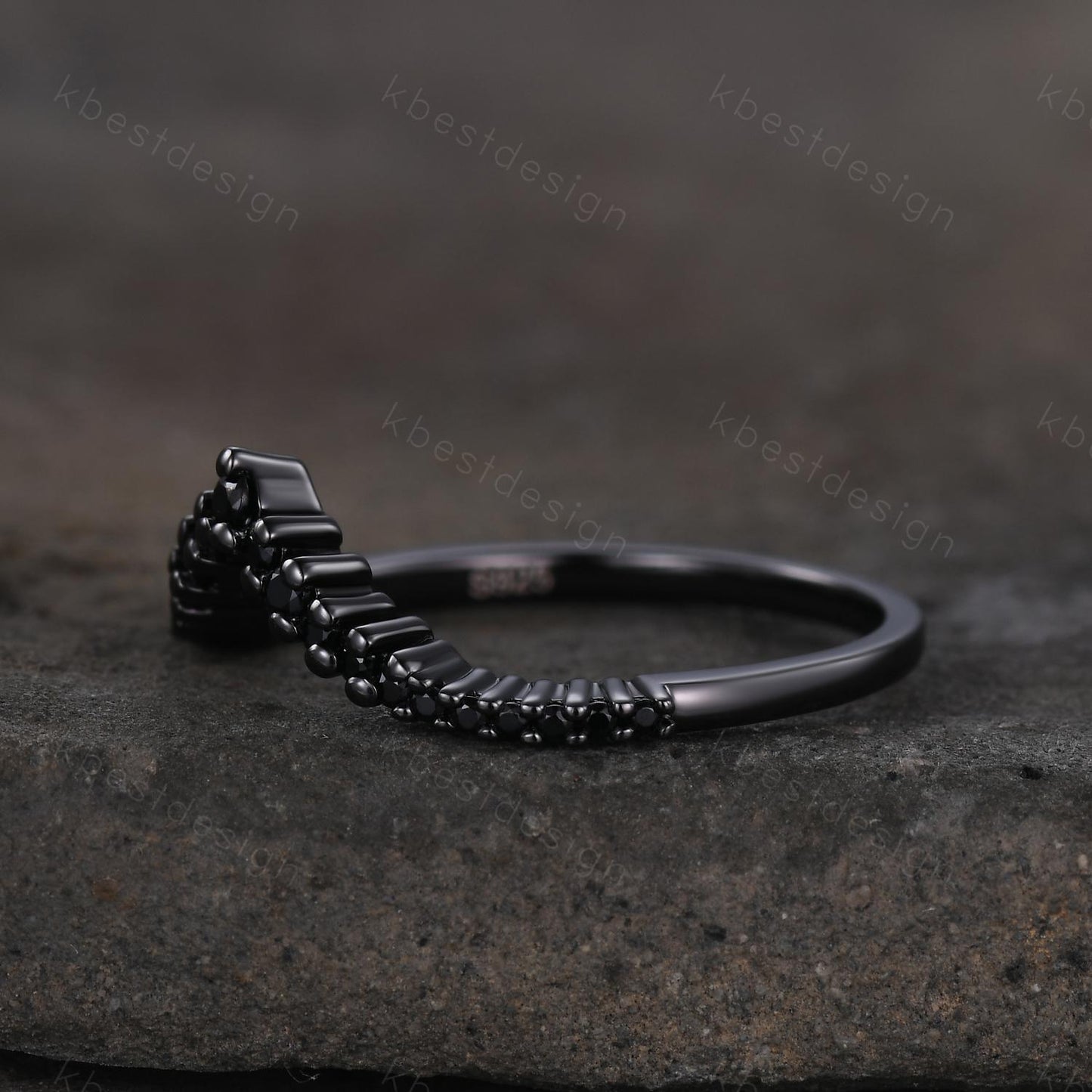 Unique curved black spinel wedding band dainty black gold band for women half eternity stacking matching band bridal anniversary band gift