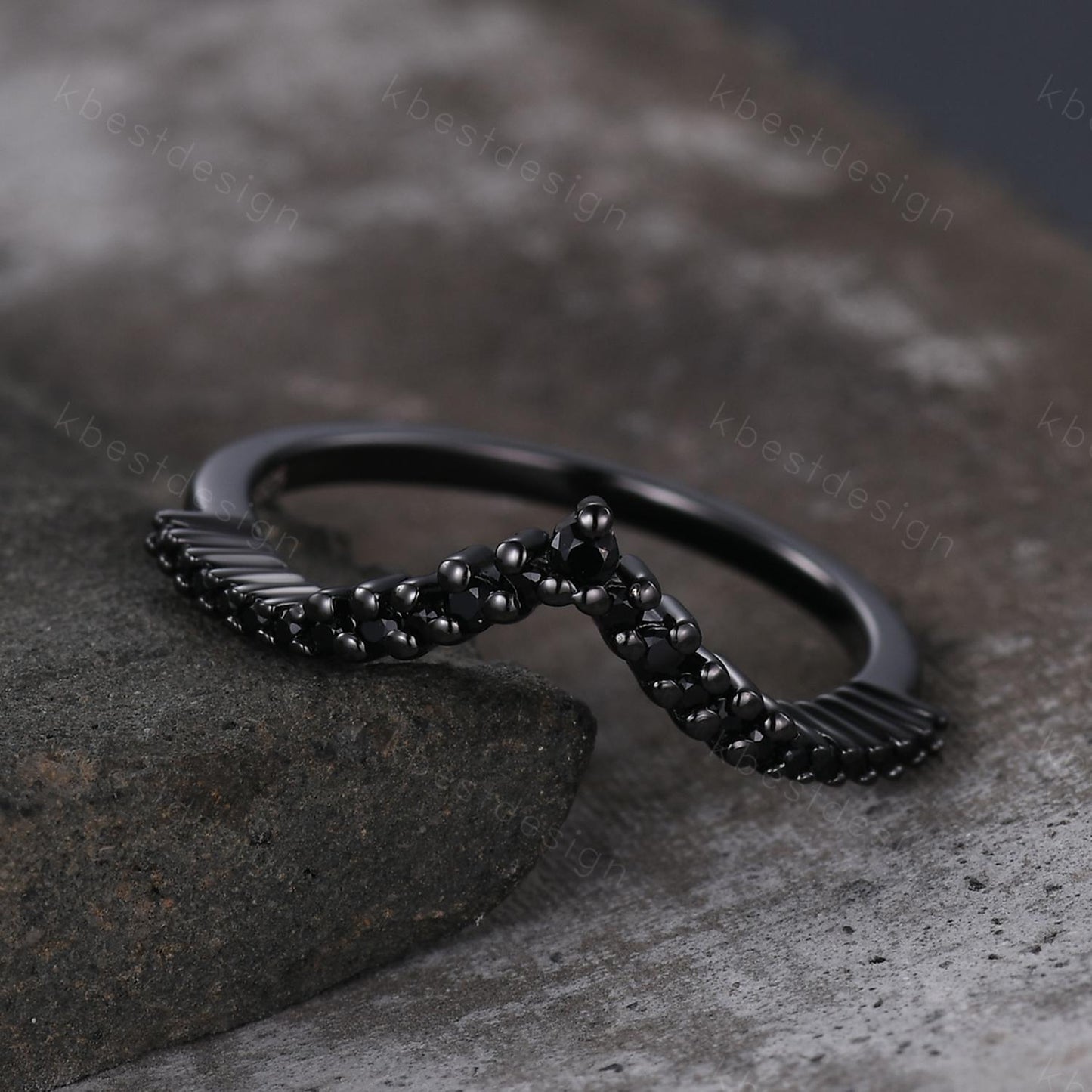 Unique curved black spinel wedding band dainty black gold band for women half eternity stacking matching band bridal anniversary band gift