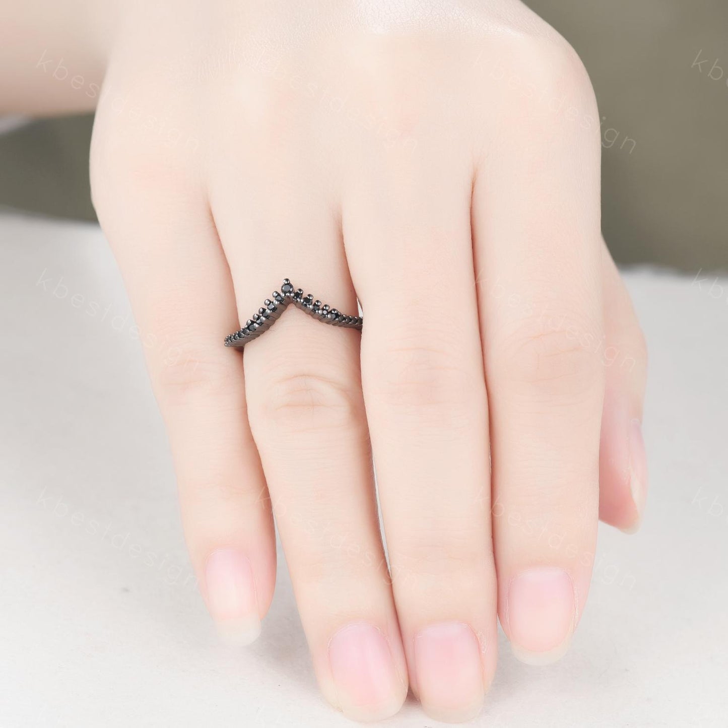 Unique curved black spinel wedding band dainty black gold band for women half eternity stacking matching band bridal anniversary band gift