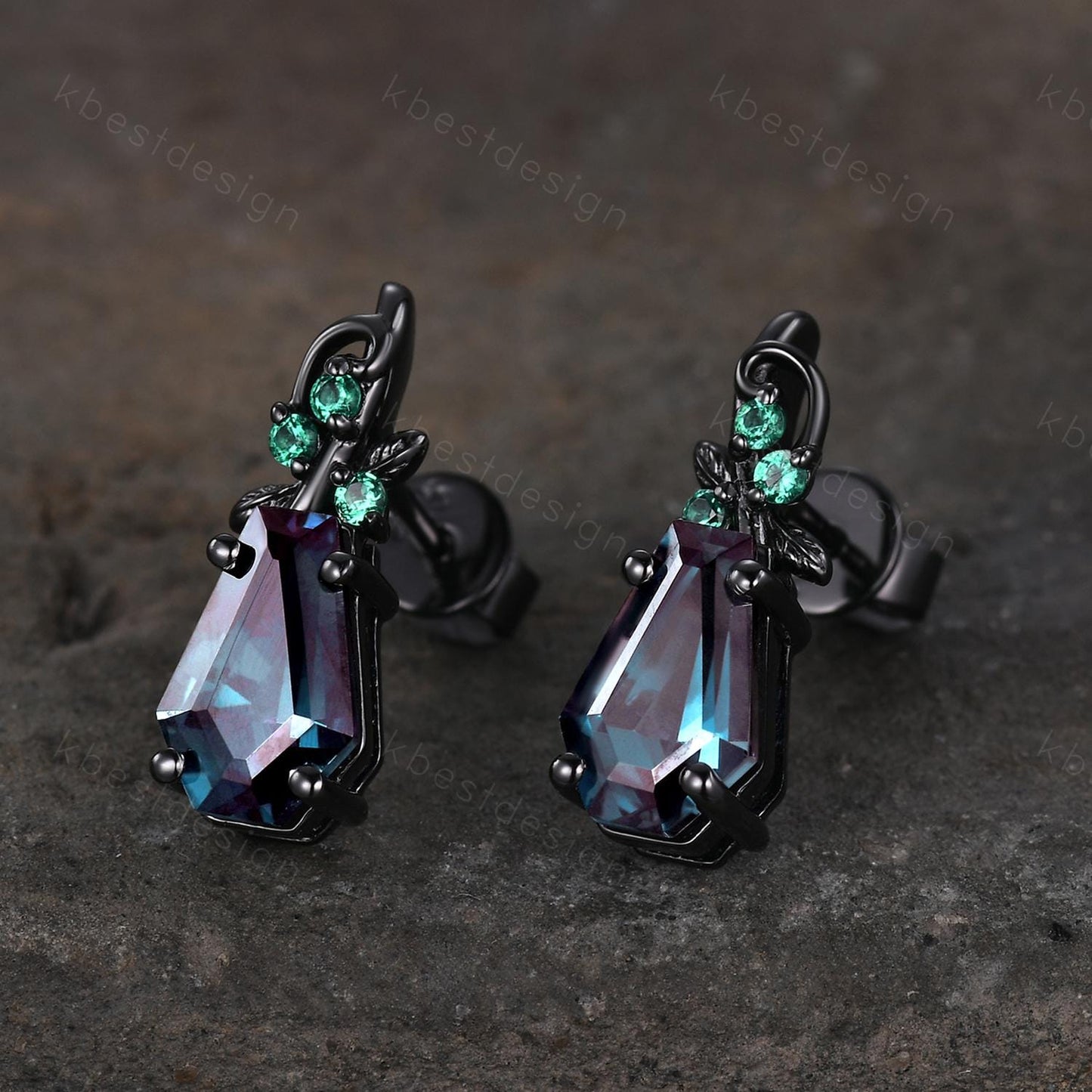 Nature inspired Alexandrite earrings women black gold earring studs coffin cut earrings art deco twig studs anniversary gift for her