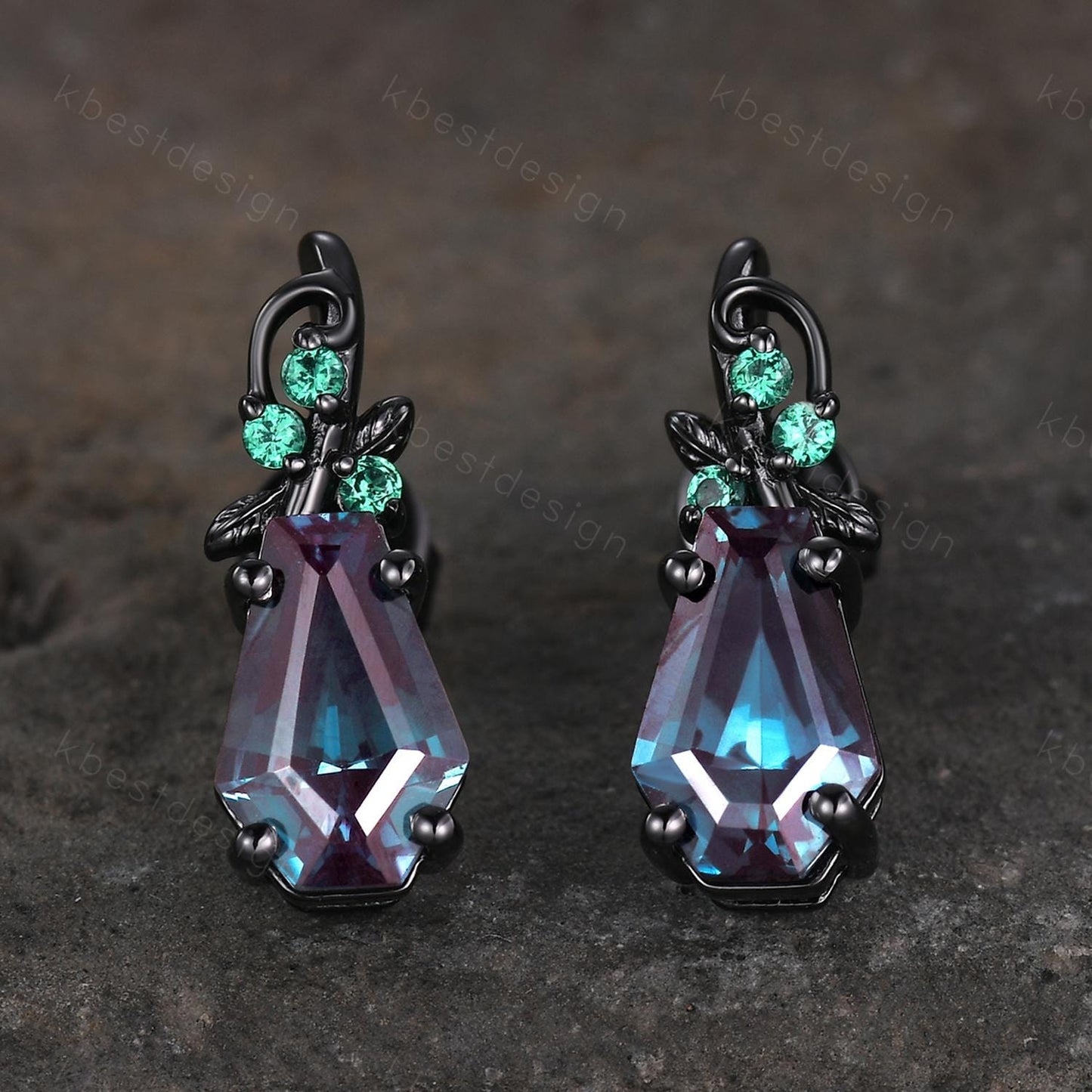 Nature inspired Alexandrite earrings women black gold earring studs coffin cut earrings art deco twig studs anniversary gift for her