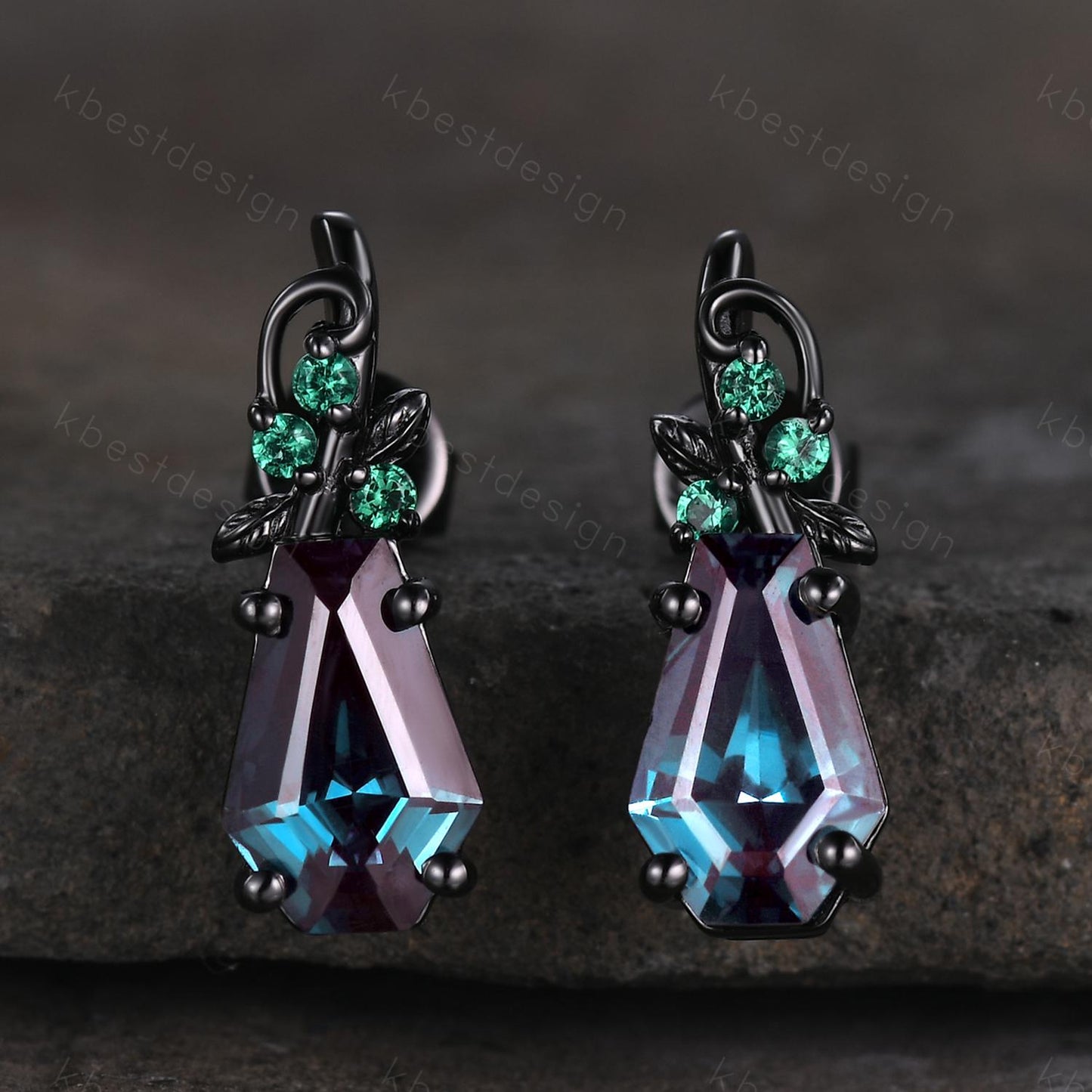 Nature inspired Alexandrite earrings women black gold earring studs coffin cut earrings art deco twig studs anniversary gift for her