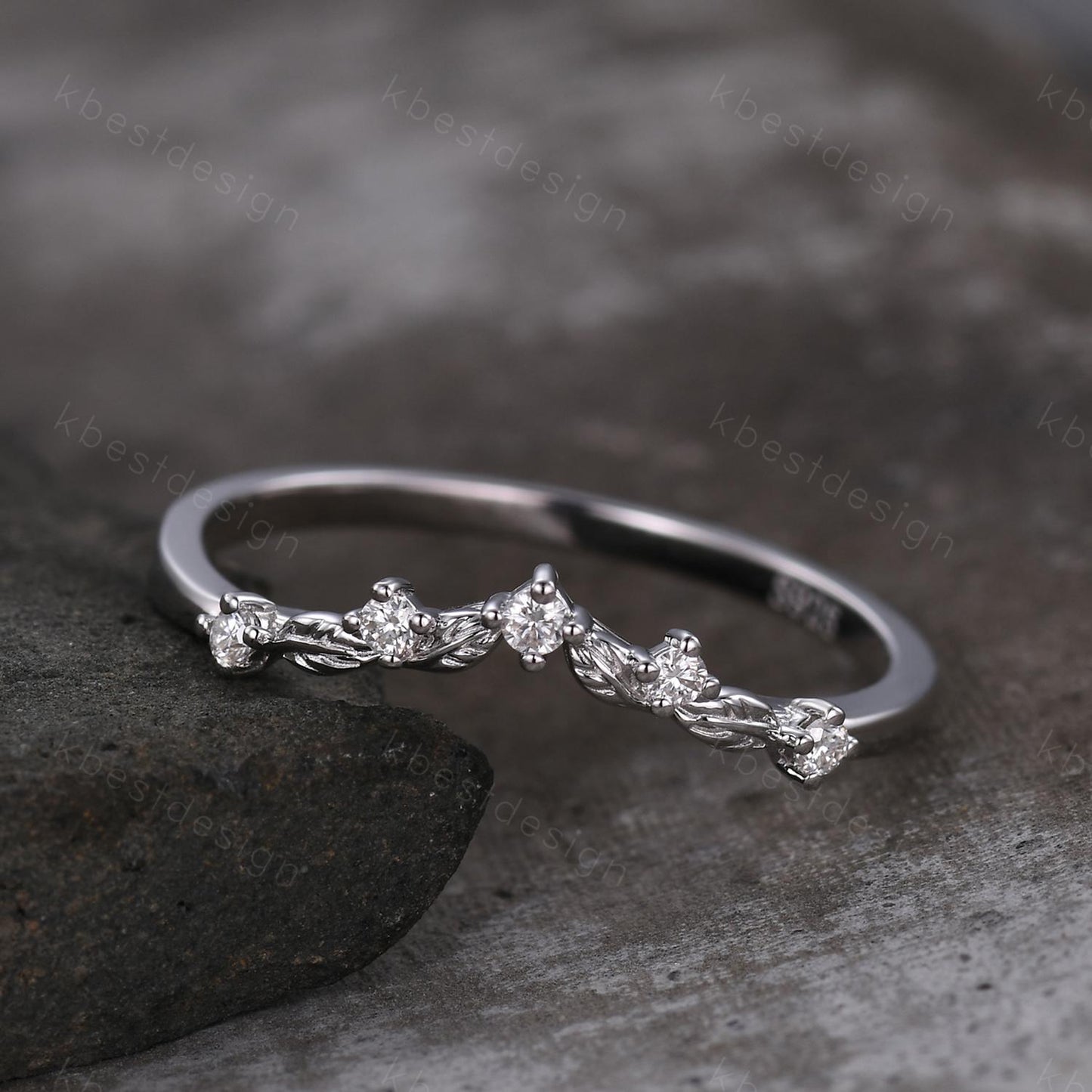 Unique Curved Moissanite Wedding Band Women Sterling Silver Ring Nature Leaf Style Stacking Matching Band Bridal Anniversary Ring