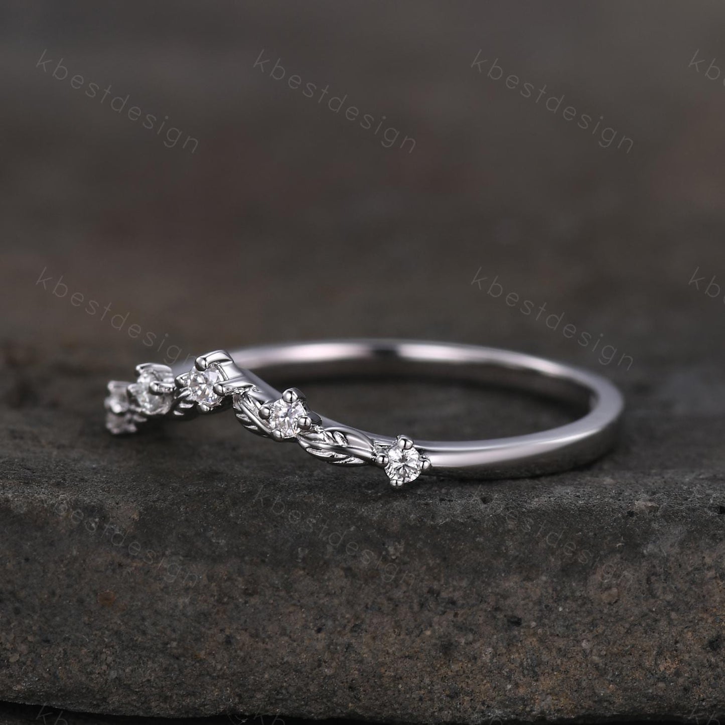 Unique Curved Moissanite Wedding Band Women Sterling Silver Ring Nature Leaf Style Stacking Matching Band Bridal Anniversary Ring