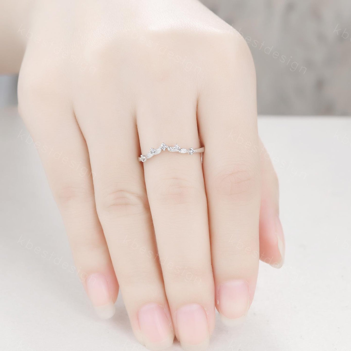 Unique Curved Moissanite Wedding Band Women Sterling Silver Ring Nature Leaf Style Stacking Matching Band Bridal Anniversary Ring