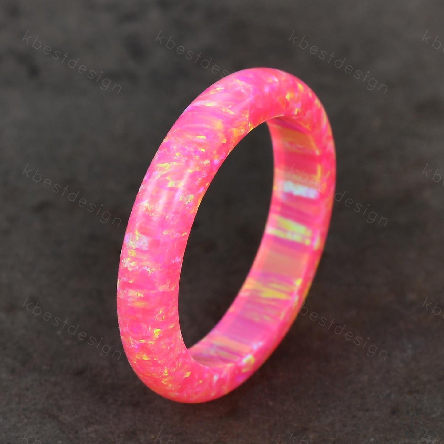 Unique 4mm pink fire opal wedding band comfort fit wedding band solitaire minimalist opal wedding ring band gift for women October ring