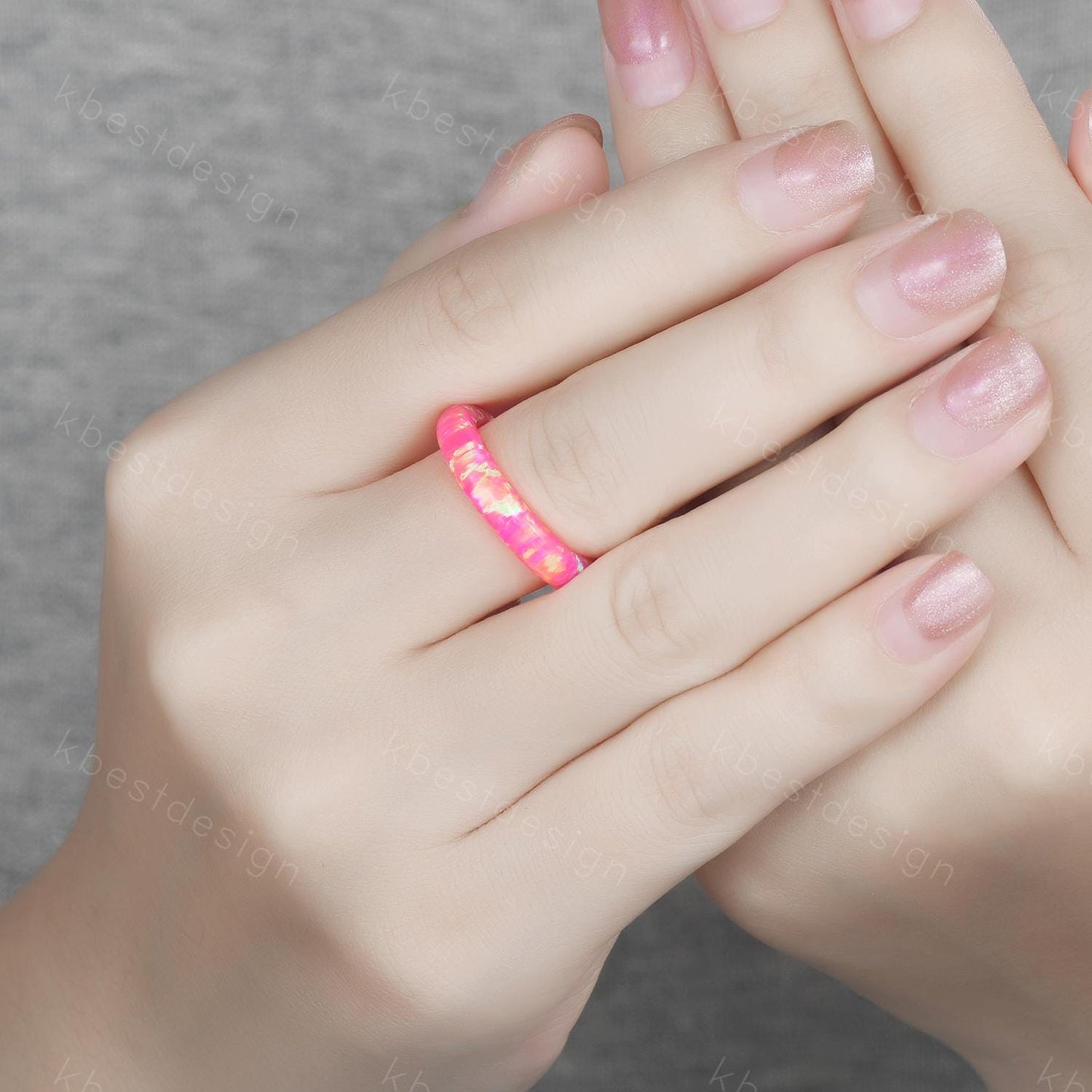Unique 4mm pink fire opal wedding band comfort fit wedding band solitaire minimalist opal wedding ring band gift for women October ring