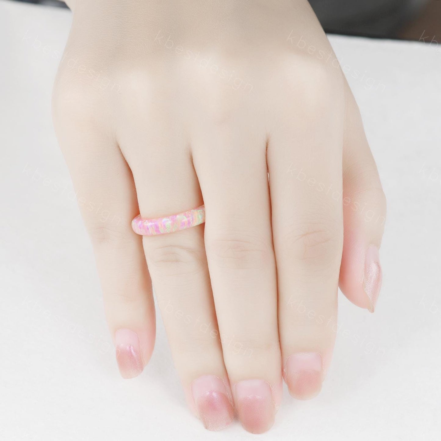 Unique 6mm pink fire opal wedding band comfort fit gemstone wedding band solitaire pink opal wedding ring band special gift for women