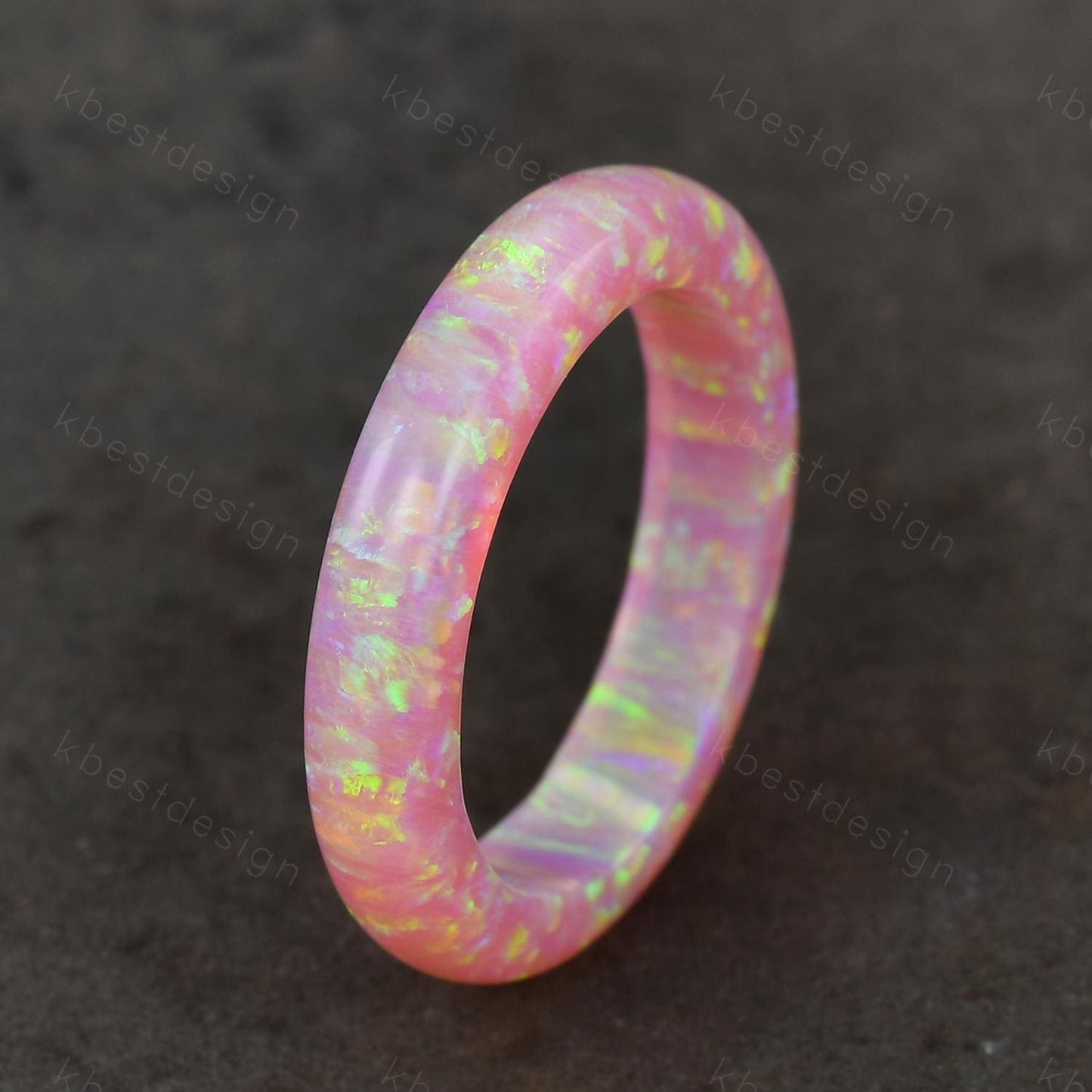 Unique 6mm pink fire opal wedding band comfort fit gemstone wedding band solitaire pink opal wedding ring band special gift for women