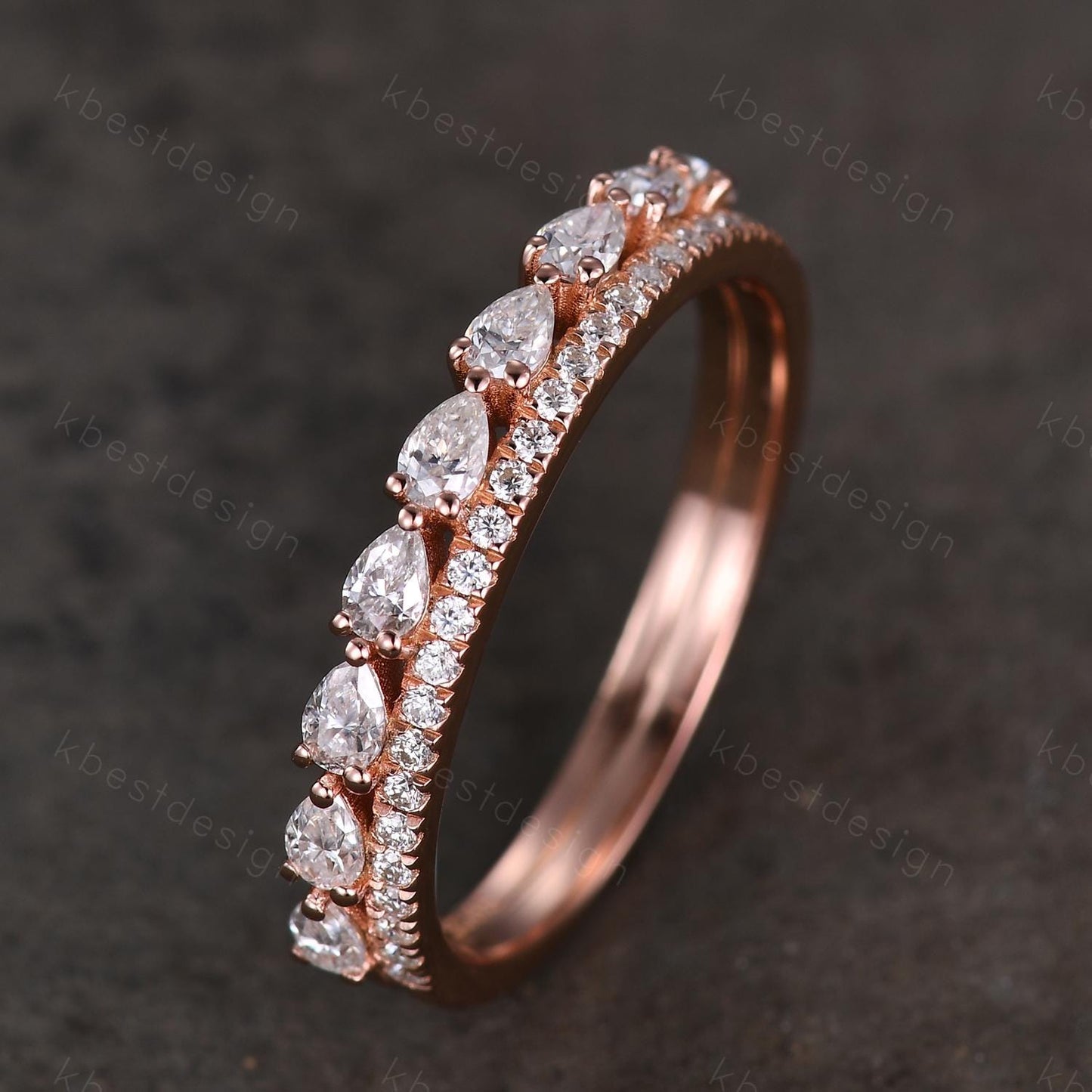 Pear cut Moissanite wedding band rose gold double band ring half eternity band art deco stacking matching band unique anniversary gift