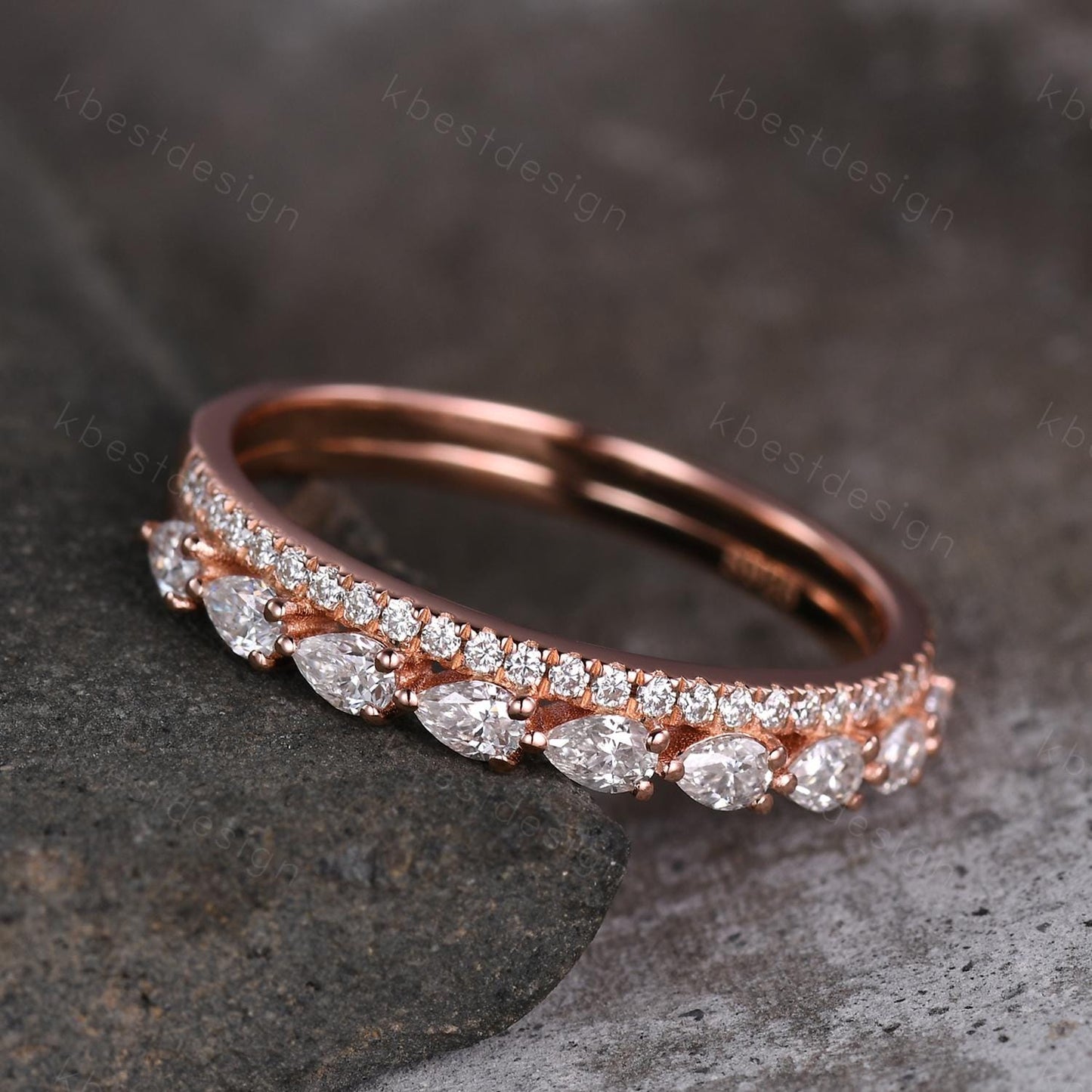 Pear cut Moissanite wedding band rose gold double band ring half eternity band art deco stacking matching band unique anniversary gift