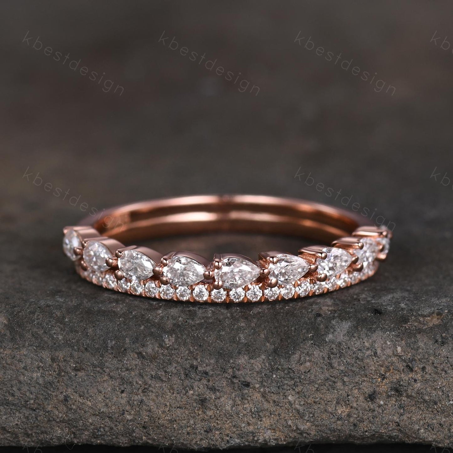 Pear cut Moissanite wedding band rose gold double band ring half eternity band art deco stacking matching band unique anniversary gift