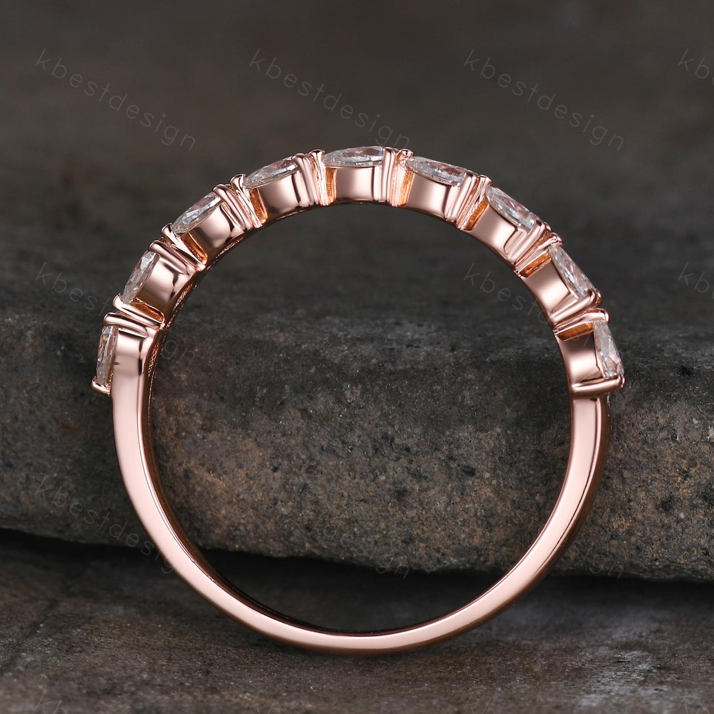 Pear cut Moissanite wedding band rose gold double band ring half eternity band art deco stacking matching band unique anniversary gift