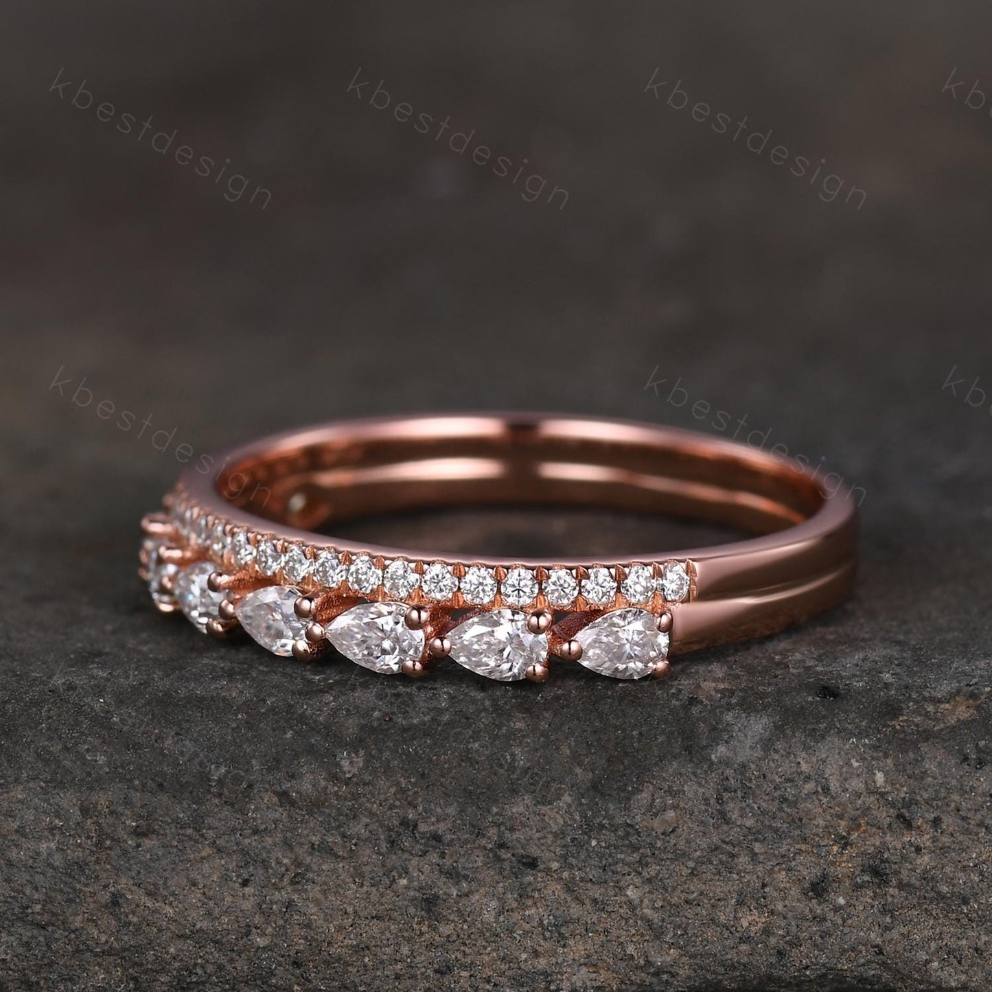 Pear cut Moissanite wedding band rose gold double band ring half eternity band art deco stacking matching band unique anniversary gift