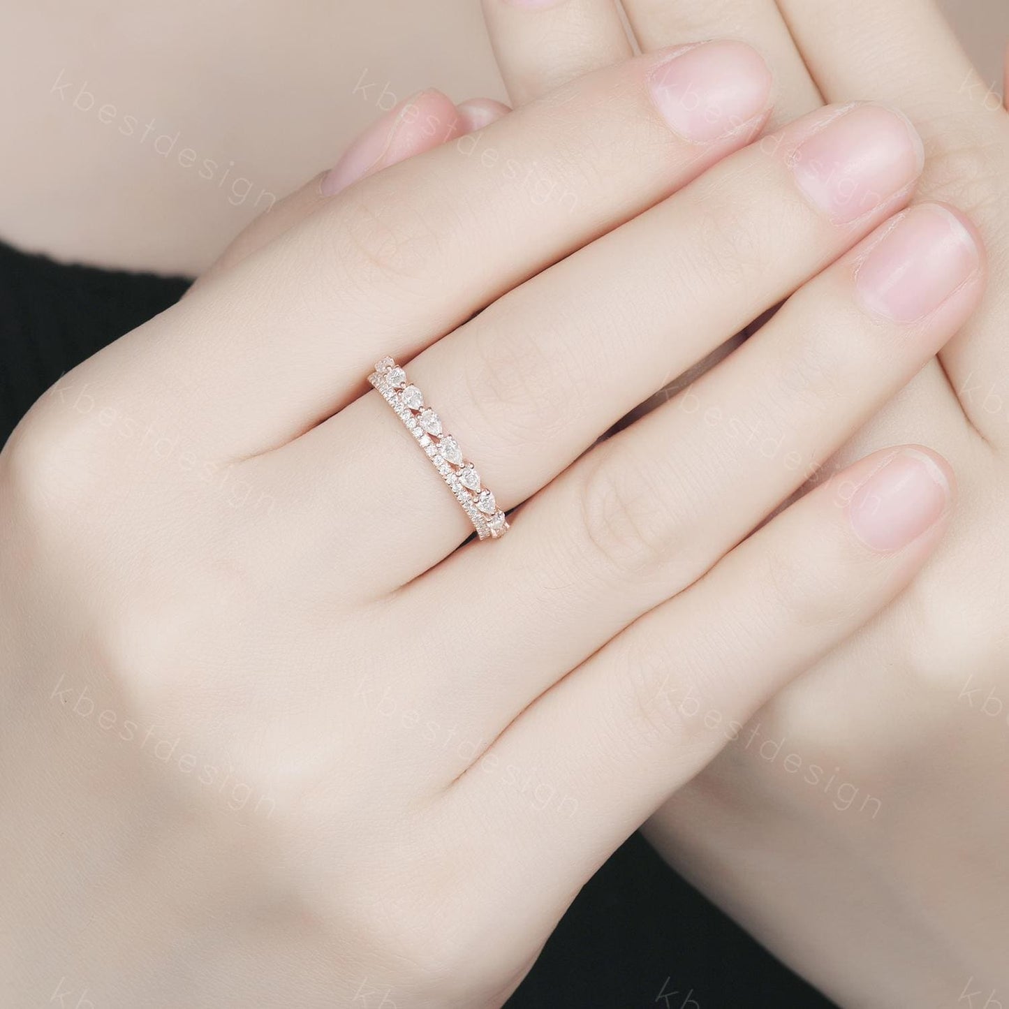 Pear cut Moissanite wedding band rose gold double band ring half eternity band art deco stacking matching band unique anniversary gift