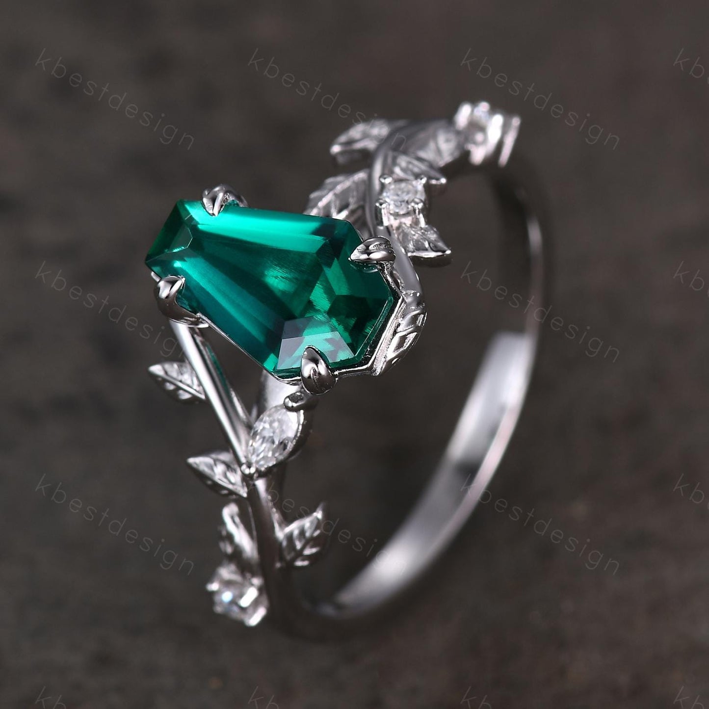 Vintage coffin green emerald engagement ring silver twig leaf moissanite wedding ring nature inspired ring Emerald bridal promise ring