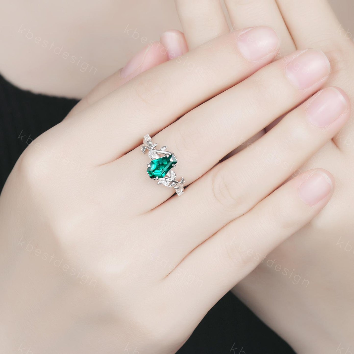Vintage coffin green emerald engagement ring silver twig leaf moissanite wedding ring nature inspired ring Emerald bridal promise ring