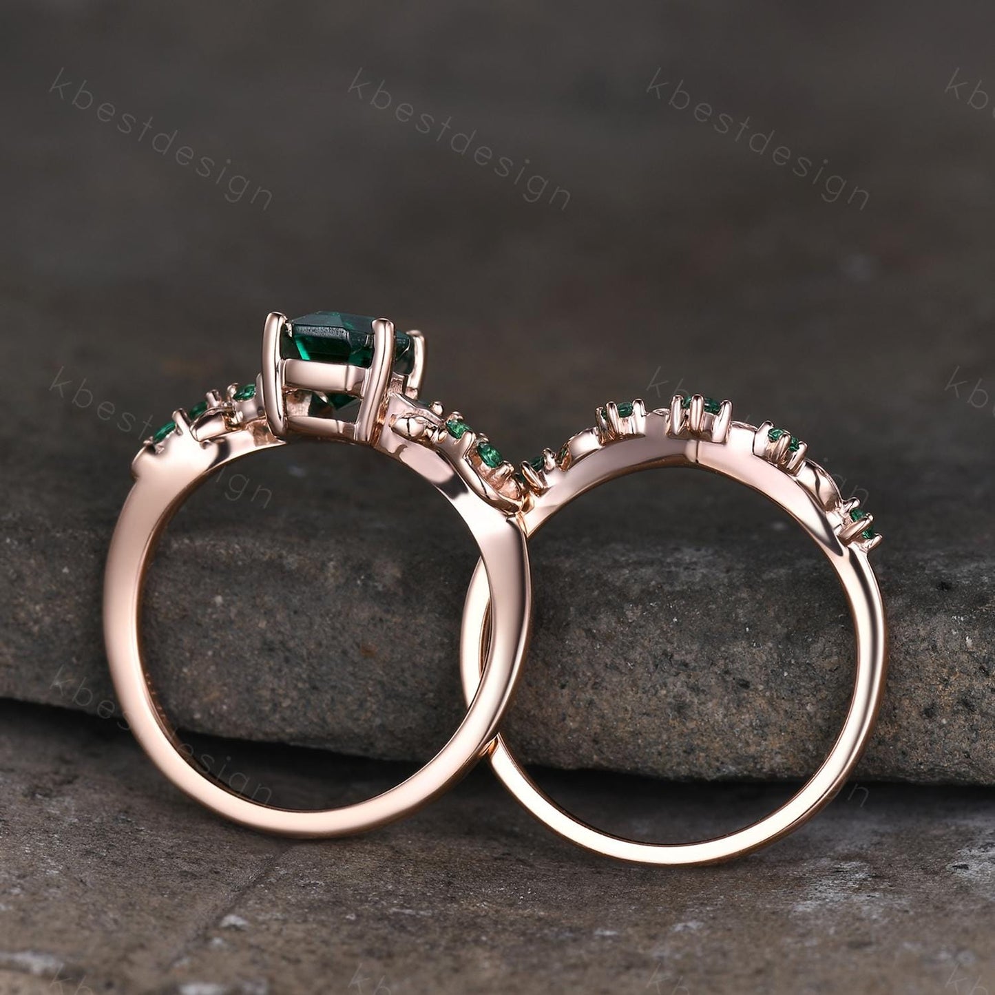 Vintage Coffin cut Emerald Engagement Ring Art Deco Branch Design Leaf Emerald Wedding Ring Rose Gold Ring Unique Bridal Promise Set
