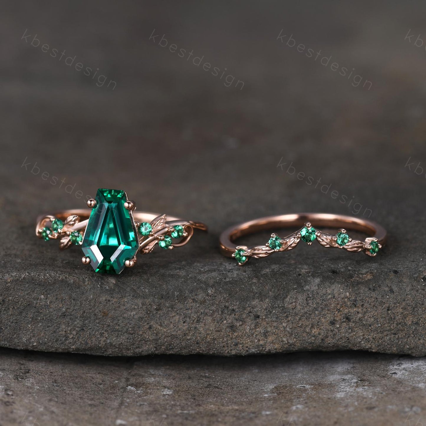 Vintage Coffin cut Emerald Engagement Ring Art Deco Branch Design Leaf Emerald Wedding Ring Rose Gold Ring Unique Bridal Promise Set