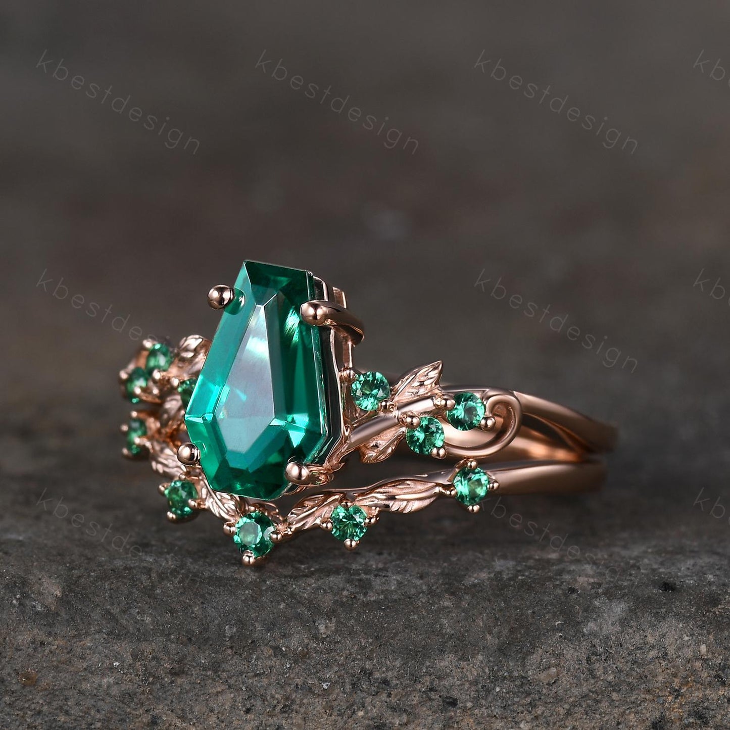 Vintage Coffin cut Emerald Engagement Ring Art Deco Branch Design Leaf Emerald Wedding Ring Rose Gold Ring Unique Bridal Promise Set