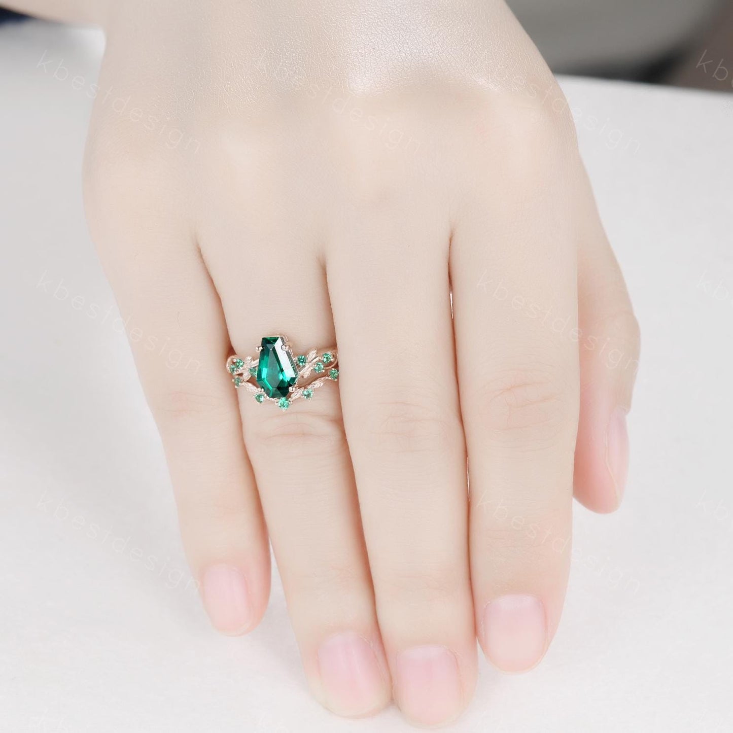 Vintage Coffin cut Emerald Engagement Ring Art Deco Branch Design Leaf Emerald Wedding Ring Rose Gold Ring Unique Bridal Promise Set