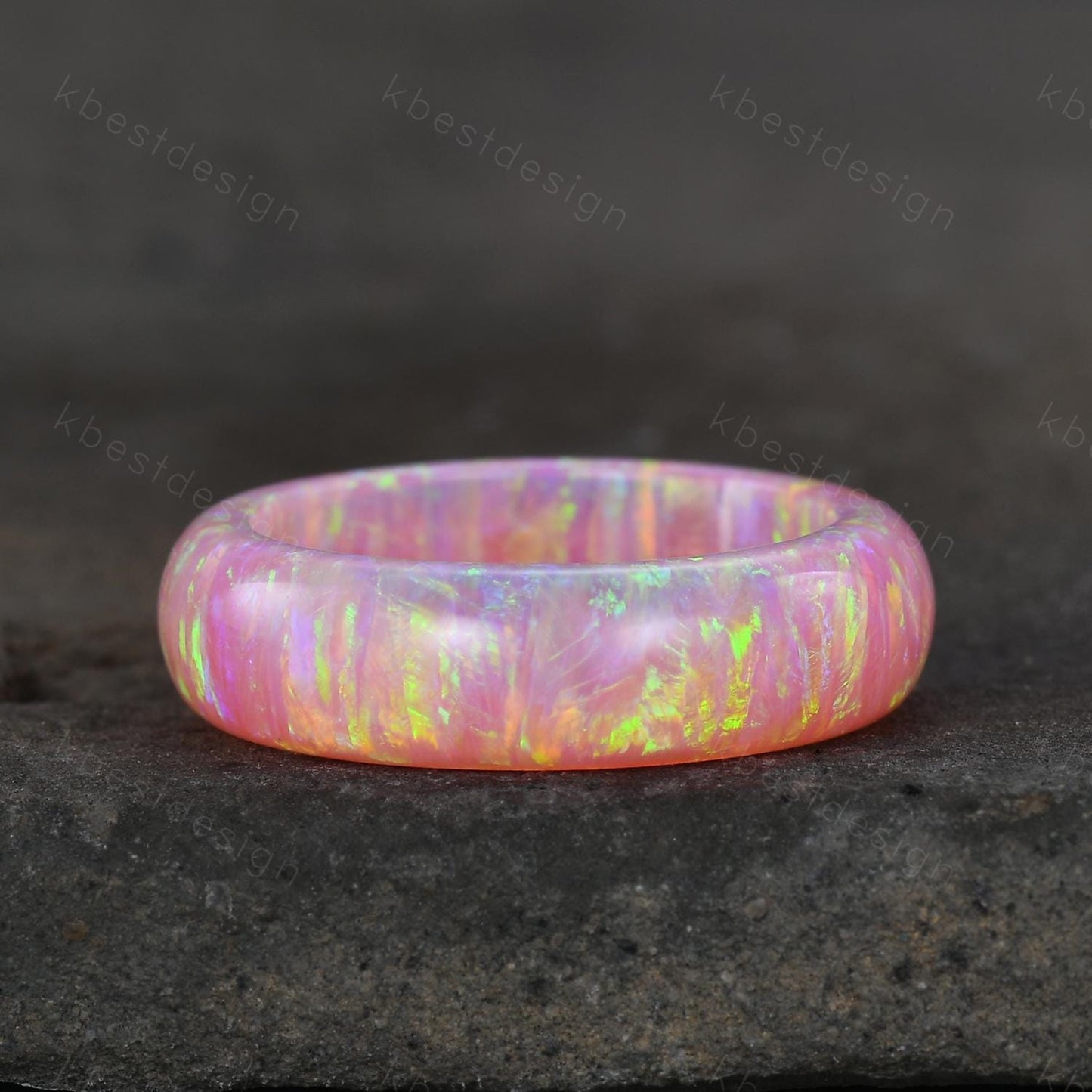 Unique 6mm pink fire opal wedding band comfort fit gemstone wedding band solitaire pink opal wedding ring band special gift for women