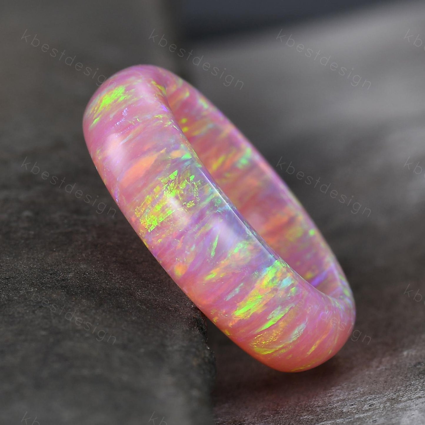 Unique 6mm pink fire opal wedding band comfort fit gemstone wedding band solitaire pink opal wedding ring band special gift for women