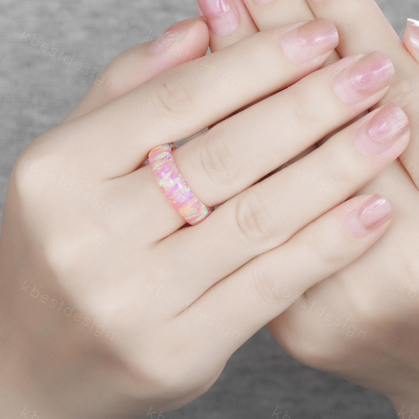 Unique 6mm pink fire opal wedding band comfort fit gemstone wedding band solitaire pink opal wedding ring band special gift for women