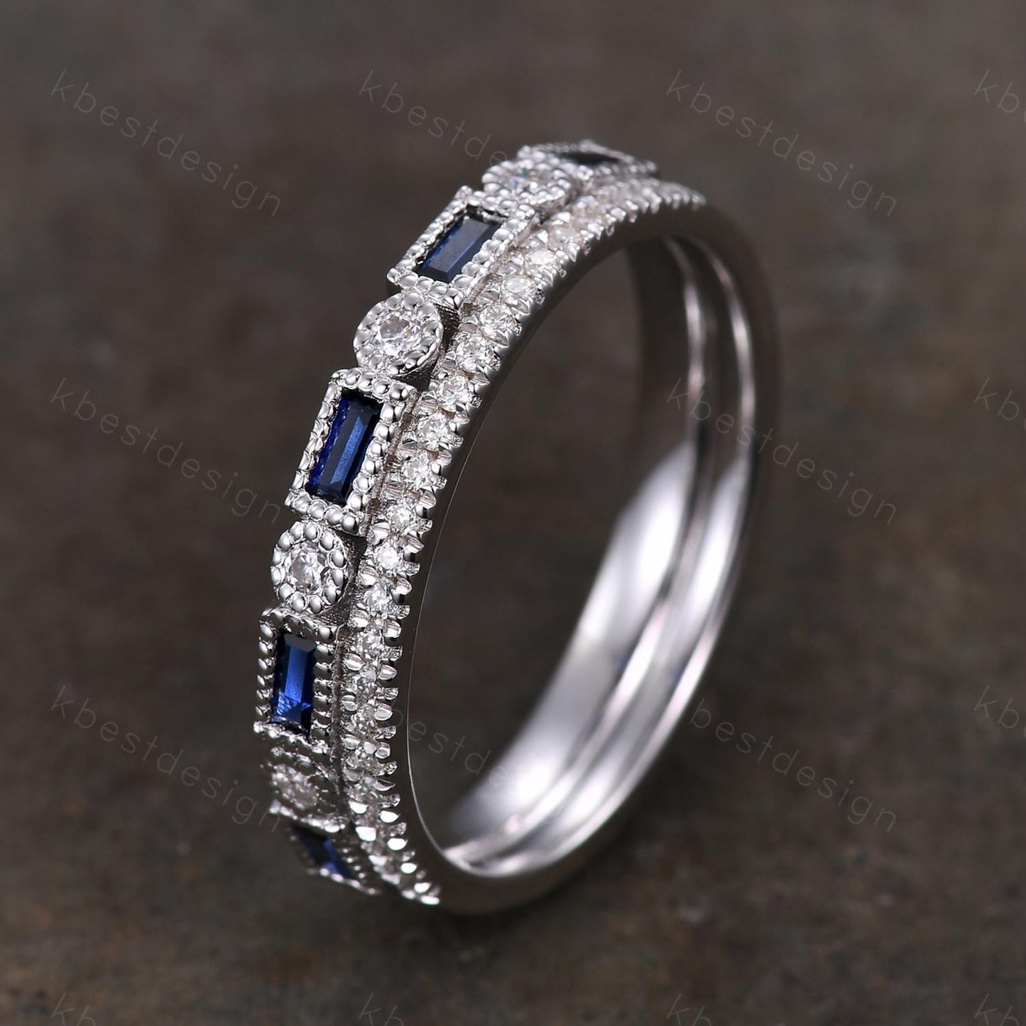 Vintage Blue Sapphire wedding band women Baguette cut Half eternity band White gold band Unique Moissanite Stacking bridal promise ring