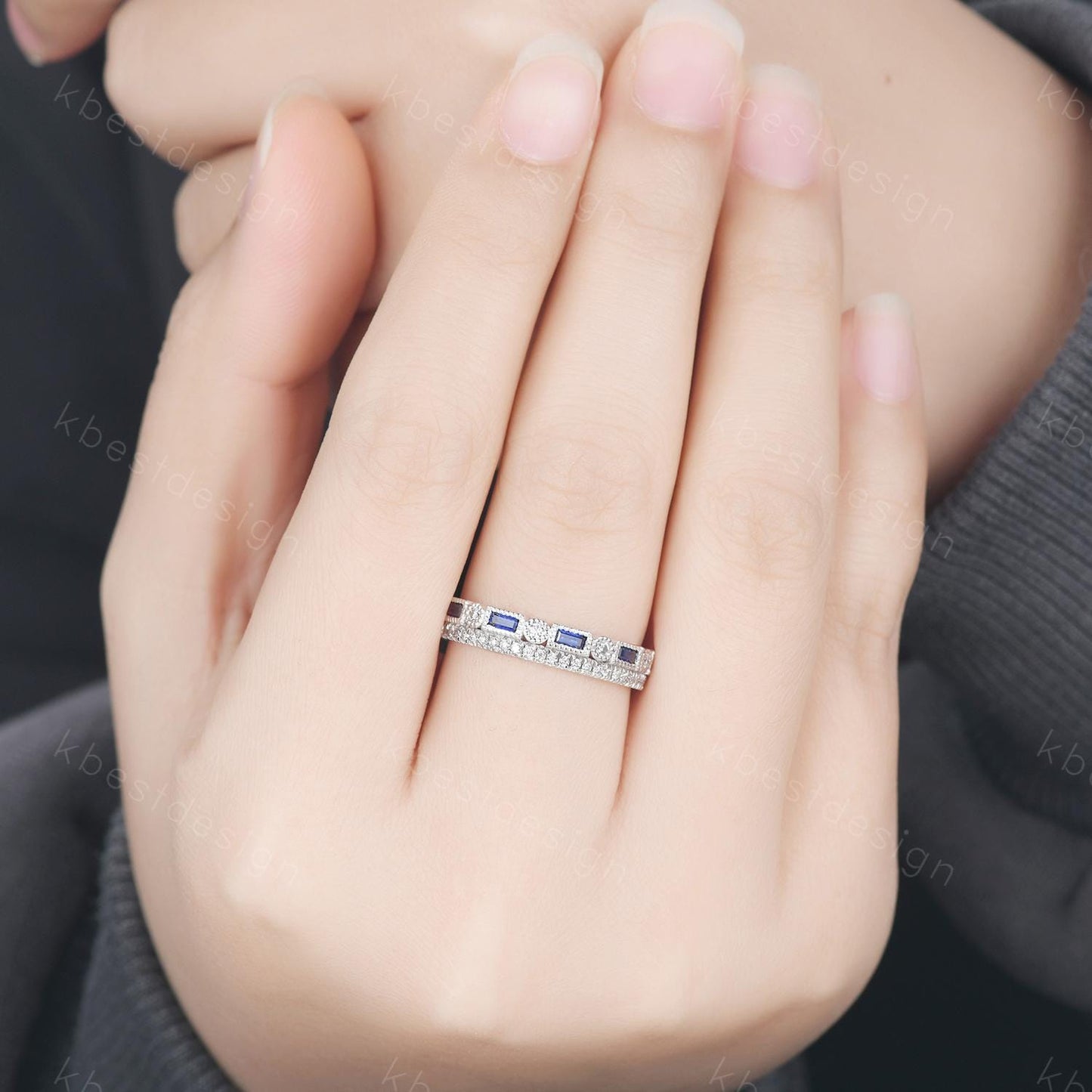 Vintage Blue Sapphire wedding band women Baguette cut Half eternity band White gold band Unique Moissanite Stacking bridal promise ring