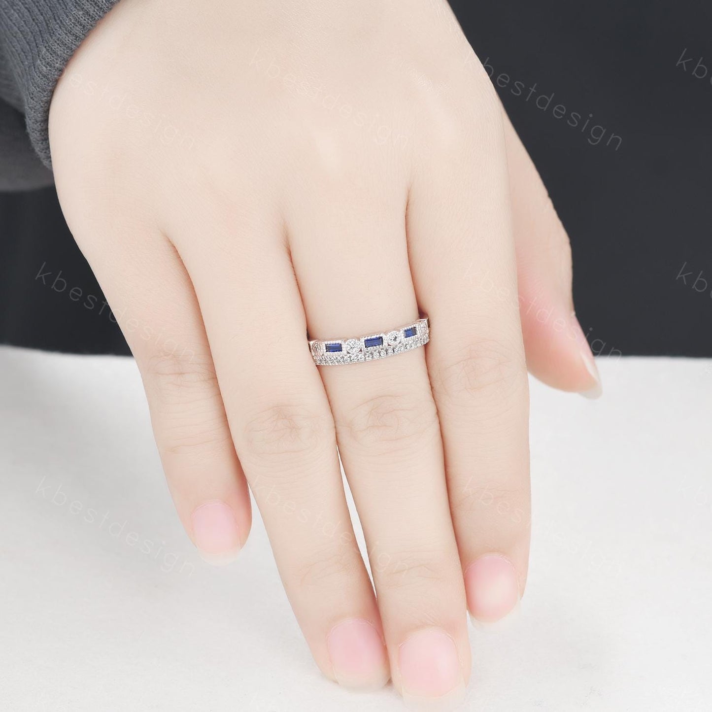 Vintage Blue Sapphire wedding band women Baguette cut Half eternity band White gold band Unique Moissanite Stacking bridal promise ring