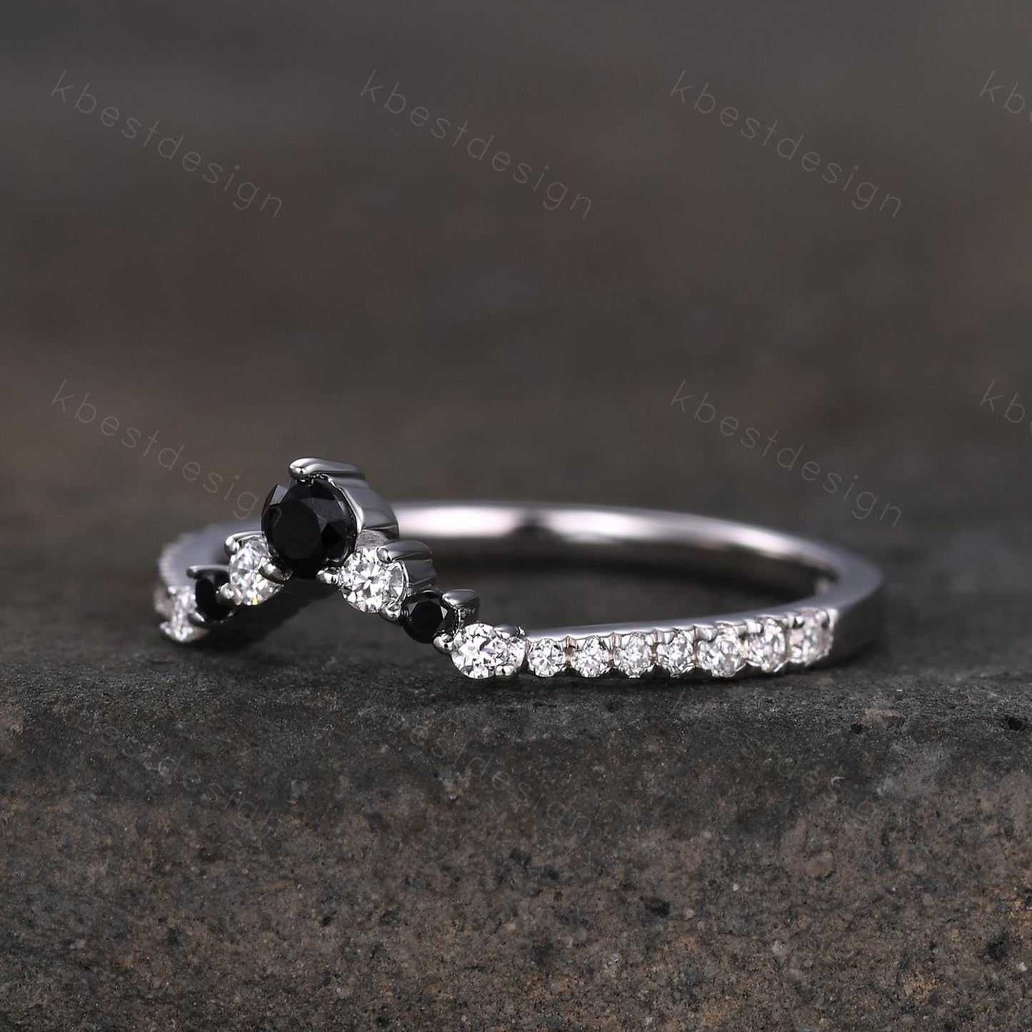 Curved black spinel wedding band dainty curved band for women half eternity moissanite stacking band bridal anniversary band gift